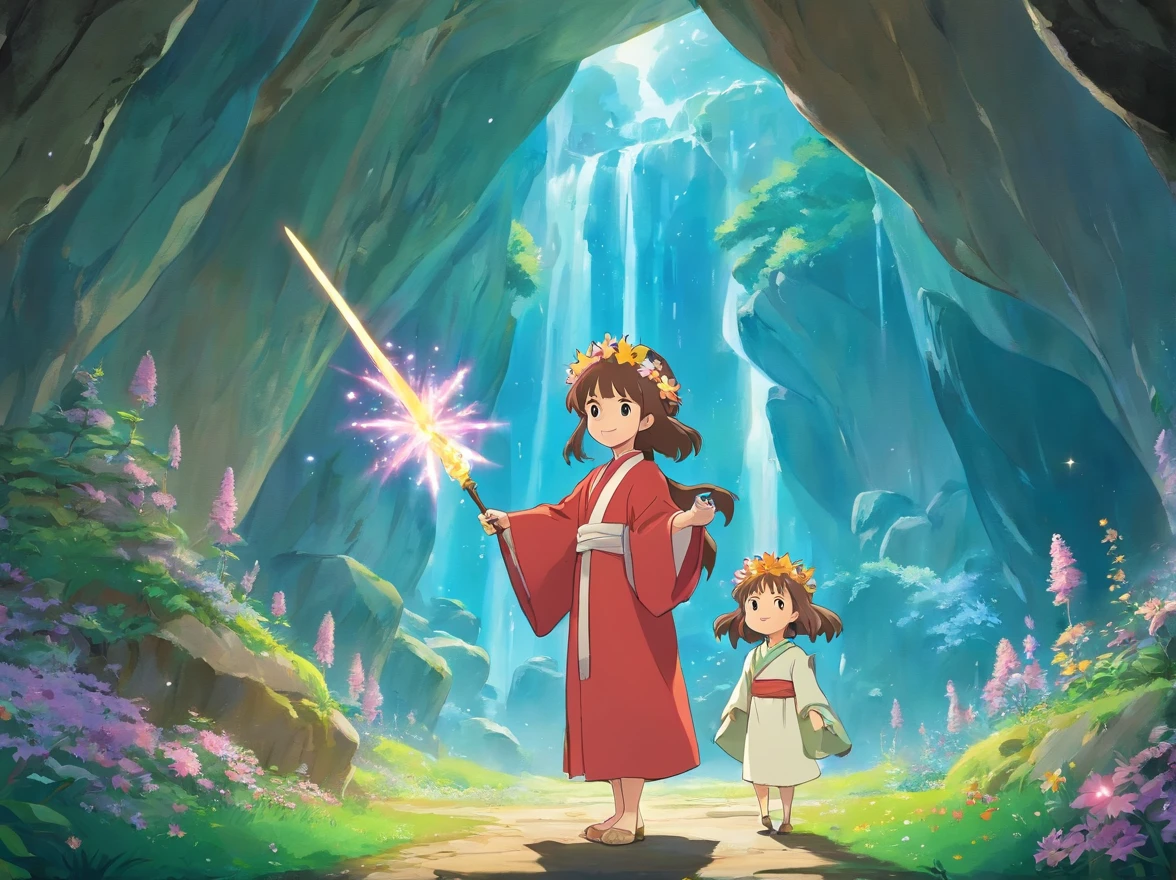 Deep in the cave，There was one dressed in a beautiful robe，Wearing a flower crown on his head，With a smile on his face。Standing fairy with magic wand in hand，Beside her is a jewel shining with light，The whole scene seems dreamy and magical。