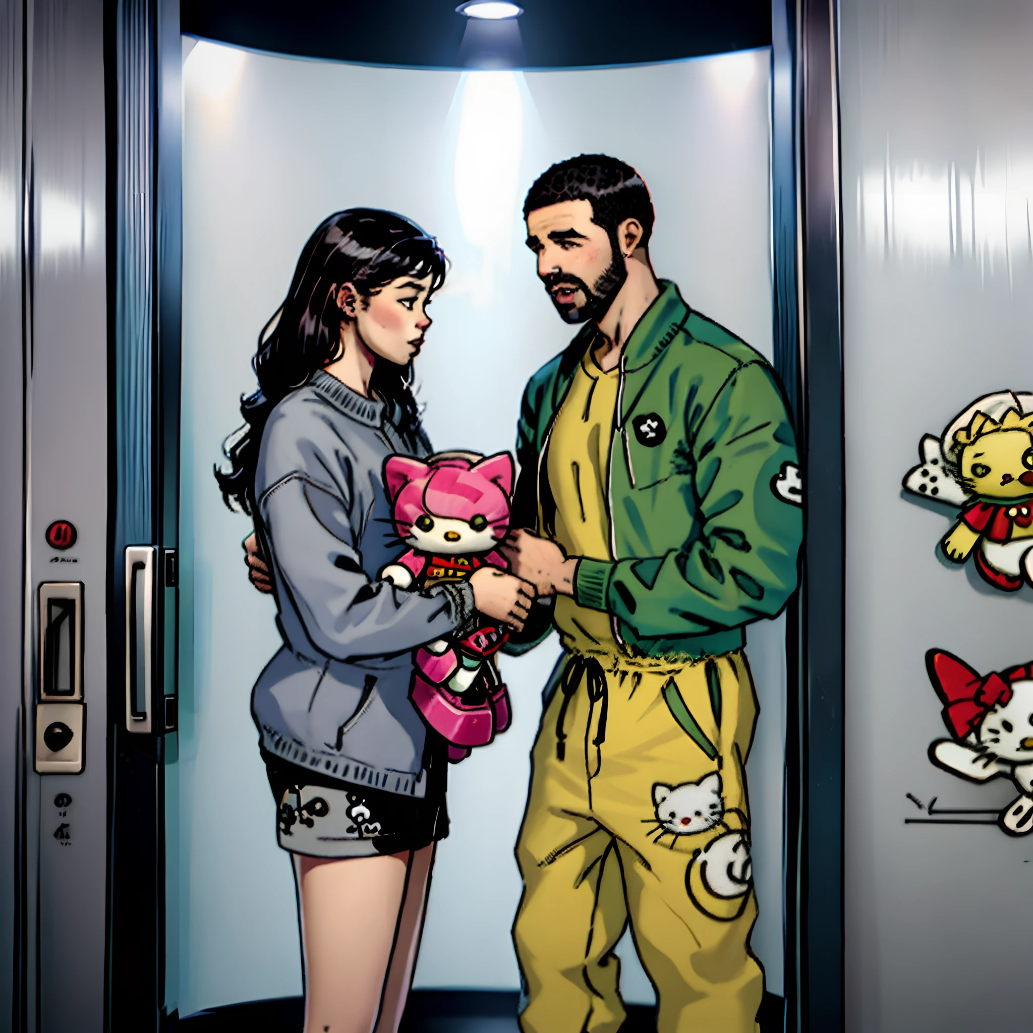 drake and future holding hello kitty doll in an elevator