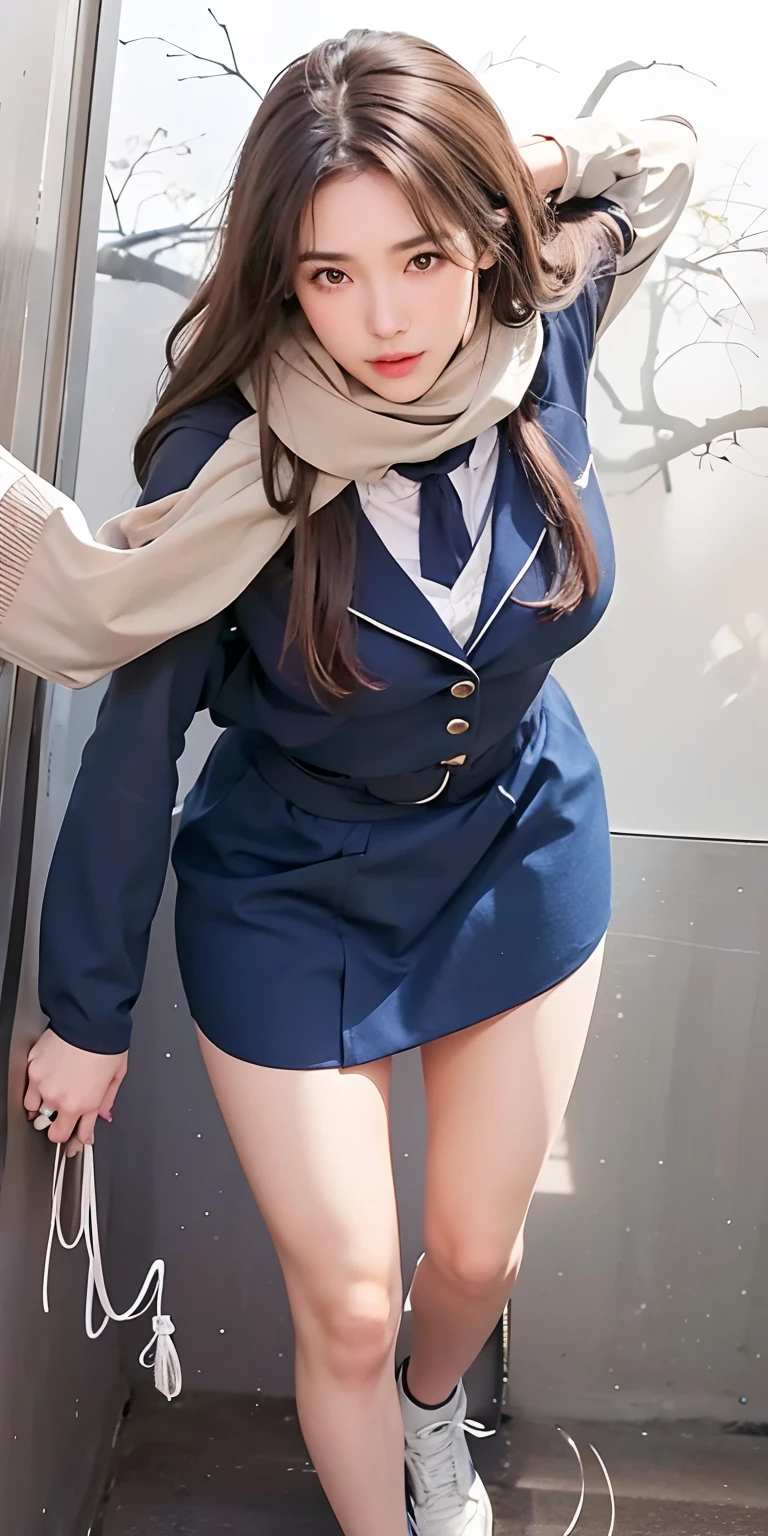 1girl,huge breast, brown hair, blue clothes,brown syal, ultra detailed, masterpiece, realistic