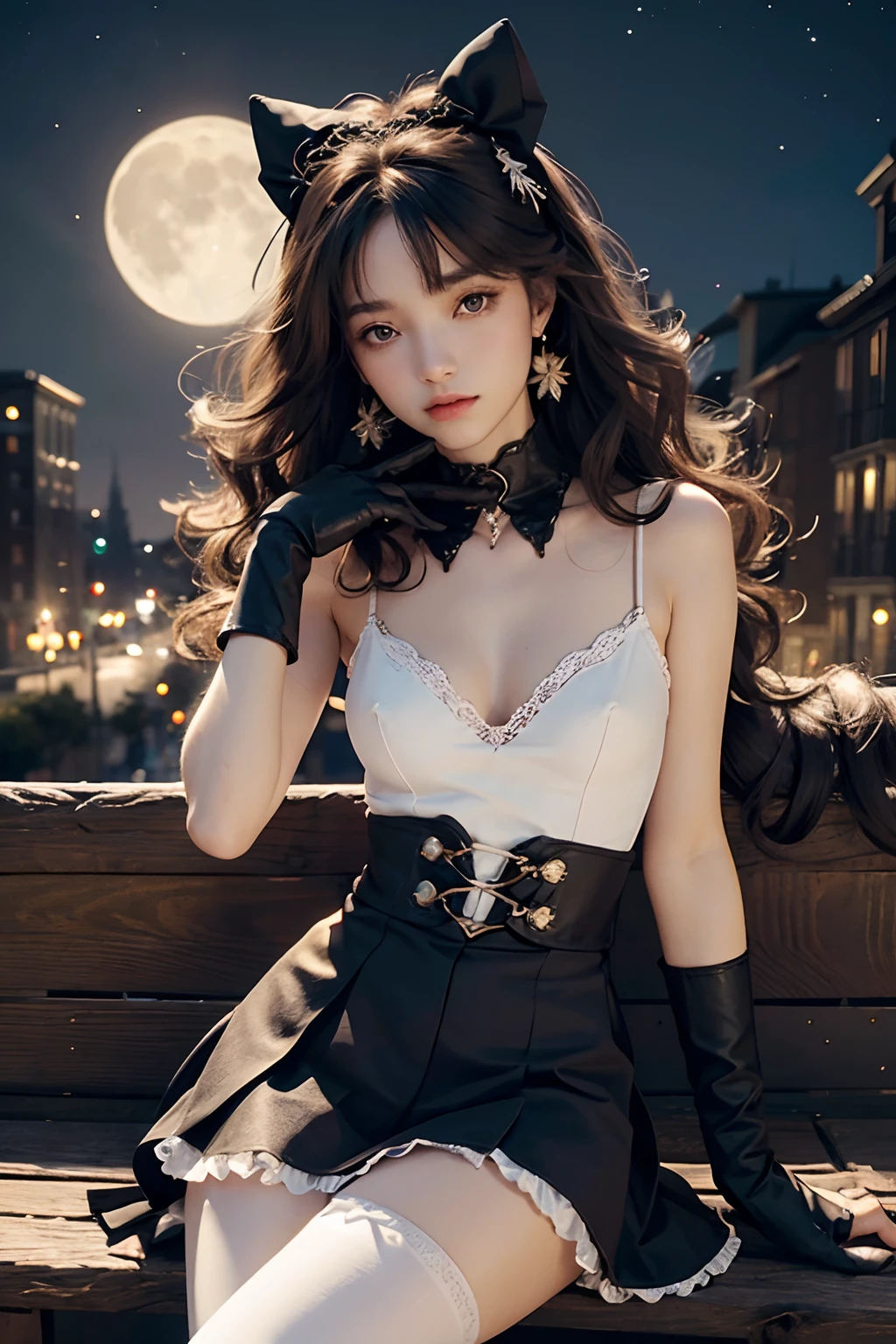 Masterpiece, Best quality, Night, Moon, Beautiful detailed sky, Realistic, Real, Huge_filesize, the wallpaper, Girl, Medium hair, whaite hair, curly_Hair, Hair accessories Hair bow, shairband, leaf hair ornament, Tentacle hair, view the viewer, eyeball, Small breasts, shirt, Miniskirt, White pantyhose, panties under pantyhose, Elbow gloves , Collar, Earrings, jewelry, Spread legs, Crossed_Legs,