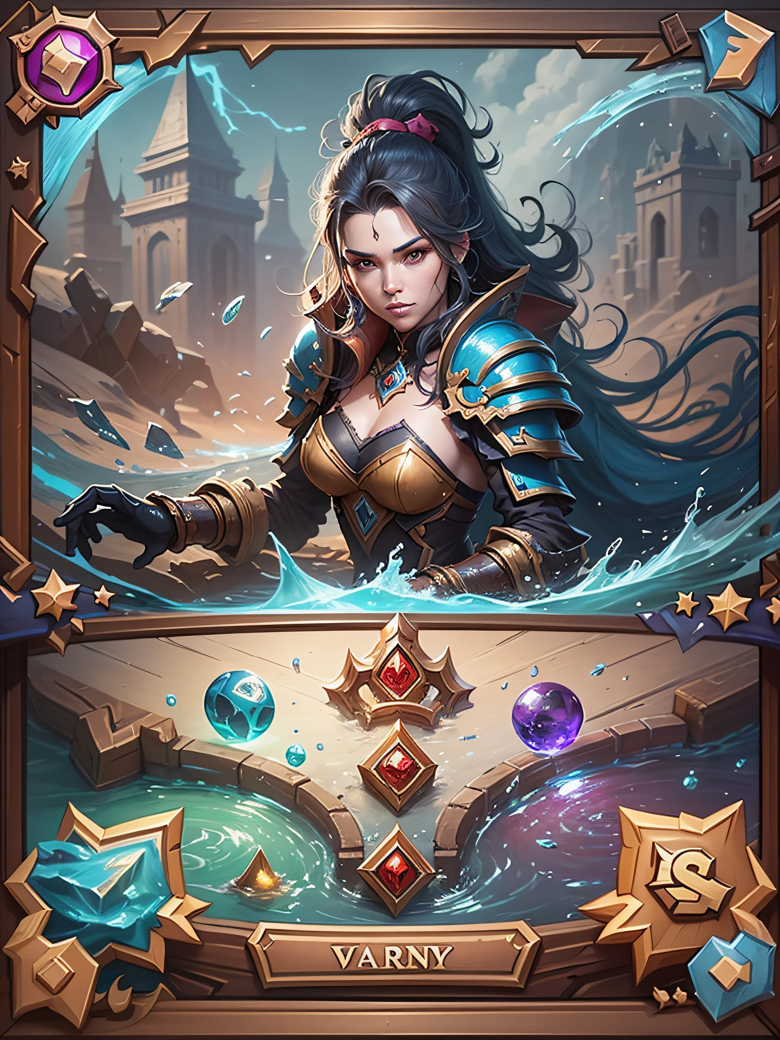 a card with a picture of a circular object on it, sword and wand – water, ui card, water element, ice spell, hearthstone card, water armor, front game card, ice mage, with ice powers, from hearthstone, hearthstone card art, ice gate, watercore, water fists of fury, intricate water, water, water powers water swirling, Card game, warrior, League of Legends character, League of Legends concept art, splash art, League of Legends splash art, official splash art, League of Legends art, League of Legends character art, League of Legends , League of Legends Splashart, skill power, concept art, best quality, detailed, best quality, high quality, High details, A close-up of a menu with a fantasy adventure theme background, Dungeons & Dragons RPG concept fantasy art and various icons, game interface, game interface, Game HUD, Game UI asset design, UI board, item art, Game icon asset, stylized game icon, Game style Hearthstone color, HUD health bar, PC screenshot, game screen, detailed screenshot, no volcano, game overlay, ...png, NO PREVIEW, A game-based battle card,To have various attributes such as:wind, fire, lightning, Dark Earth, gold, Wood, water, ice。Other systems make their own edits。 --auto --s2