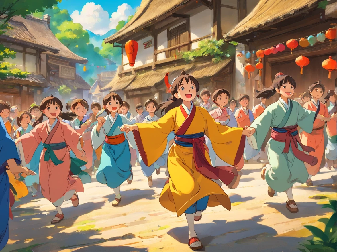 The village festival is held again。Villagers dressed in Zhuang costumes gathered together，Dance，Laughter and blessings filled the village。People believe that there is only good intentions，Their wishes will be fulfilled，This belief can be seen on everyone's face。Xiaoming and Xiaohong stood in the middle of the village，Looking forward to a bright future，Feel the atmosphere of happiness and reunion。