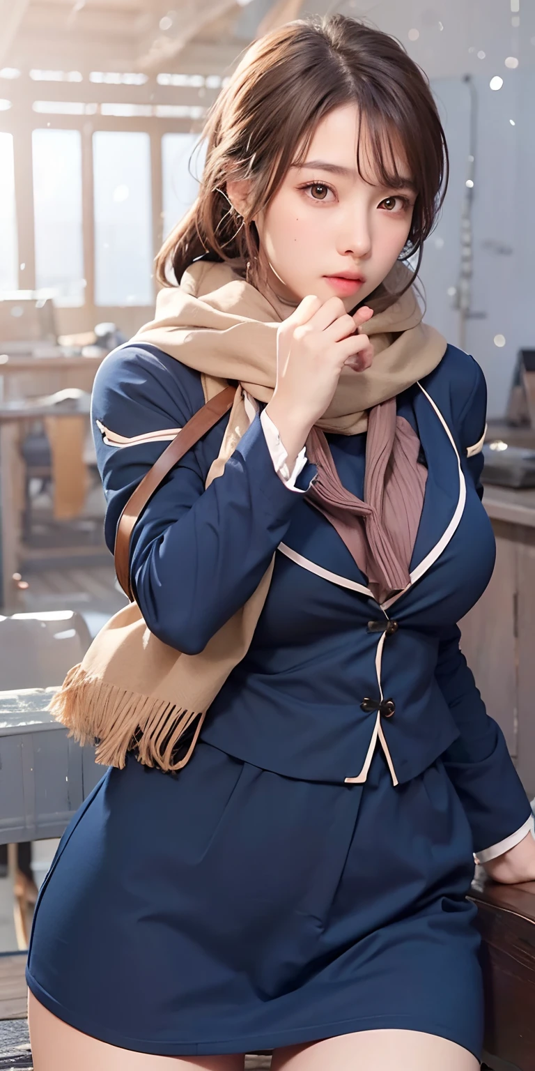 1girl,huge breast, brown hair,blue clothes,brown syal, ultra detailed, masterpiece, realistic