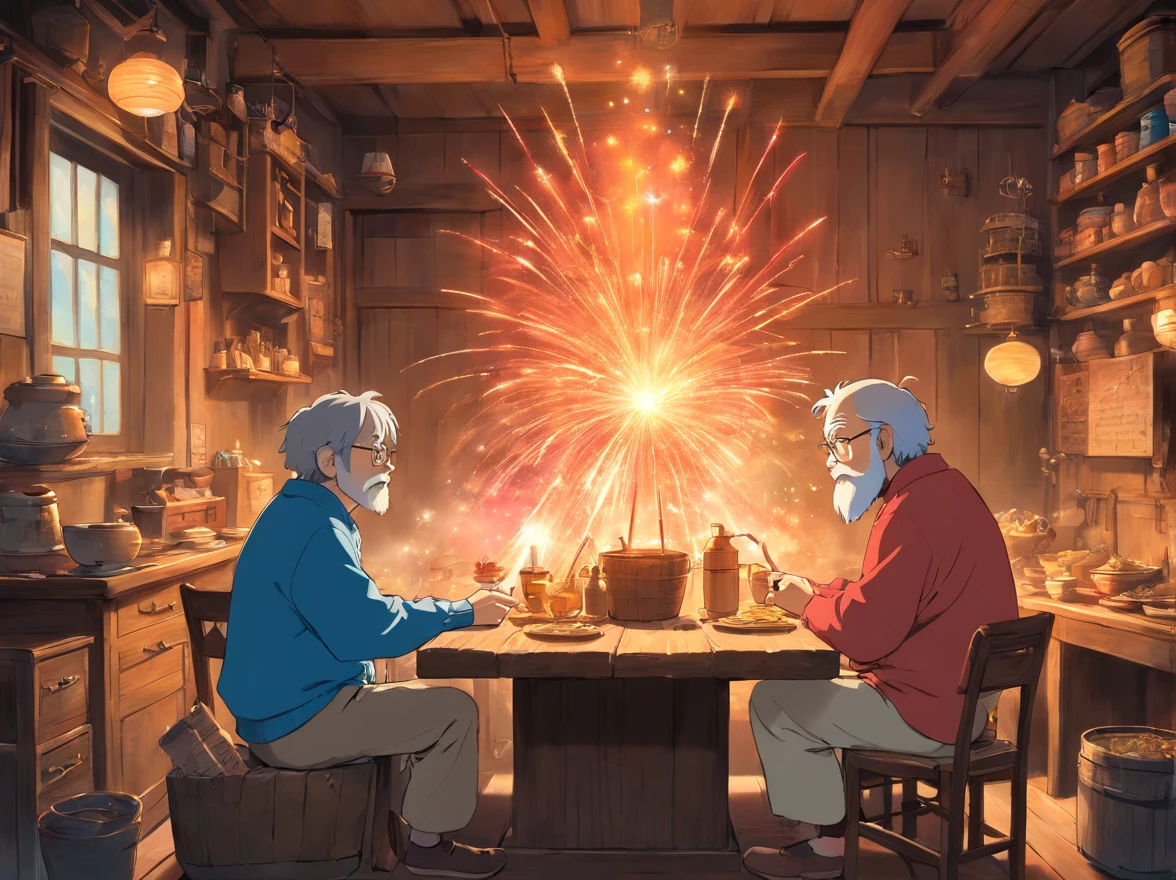 Indoors，The walls are covered with production flowcharts and tools。The old man and the boy sat together，Make fireworks（Boy image：blue clothes，Carry a bag，年轻）（Image of the old man：brown clothes，Thin and shriveled，Has a long beard）