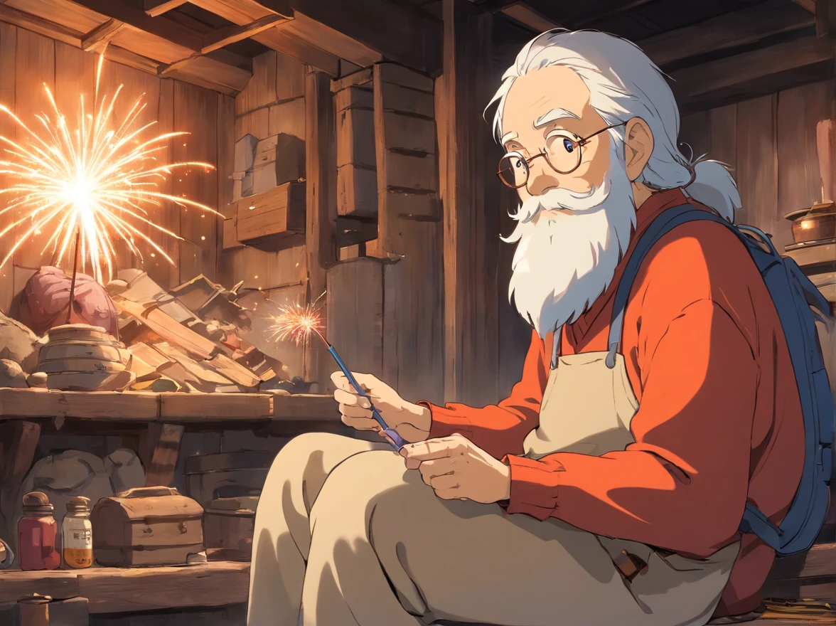 Indoors,The walls are covered with production flowcharts and tools。The old man and the boy sat together,Make fireworks(Boy image:blue clothes,Carry a bag,年轻)(Image of the old man:brown clothes,Thin and shriveled,Has a long beard)