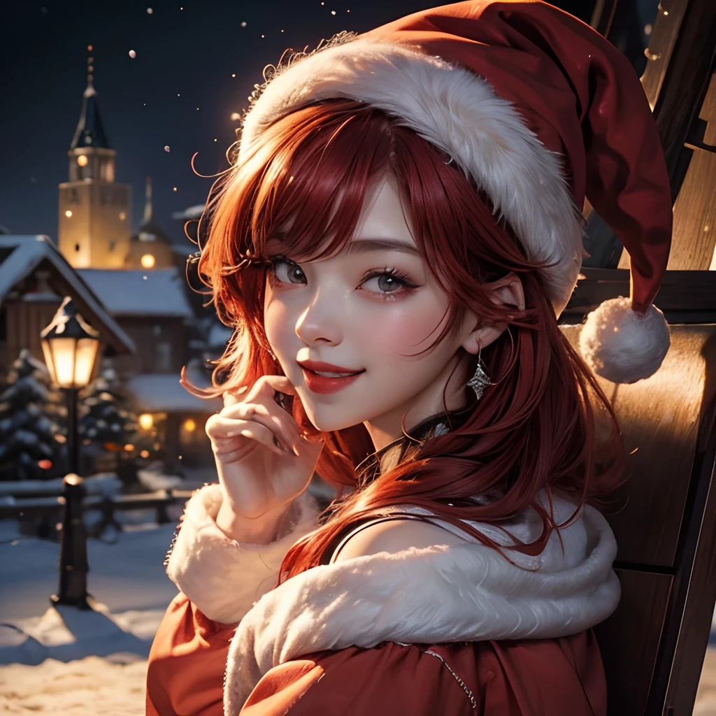 (masuter piece)、(Best Quality:1.0)(超A high resolution:1.0)masterpiece、top-quality、hight resolution、ultra-detailliert、Picasso style、Anime Pictures、Game Images、PrincessPeach、Pixel art、1 beautiful woman、kawaii、Beautiful fece、The upper part of the body、big eye、Red Eyes、Looking at this、The best smile、grin、Thicker lips、red lipsticks、、Red hair、short-cut、santa claus、Have a gift、It's snowing、Snowflake、Riding a sled、Lots of snowmen、Christmas tree --auto