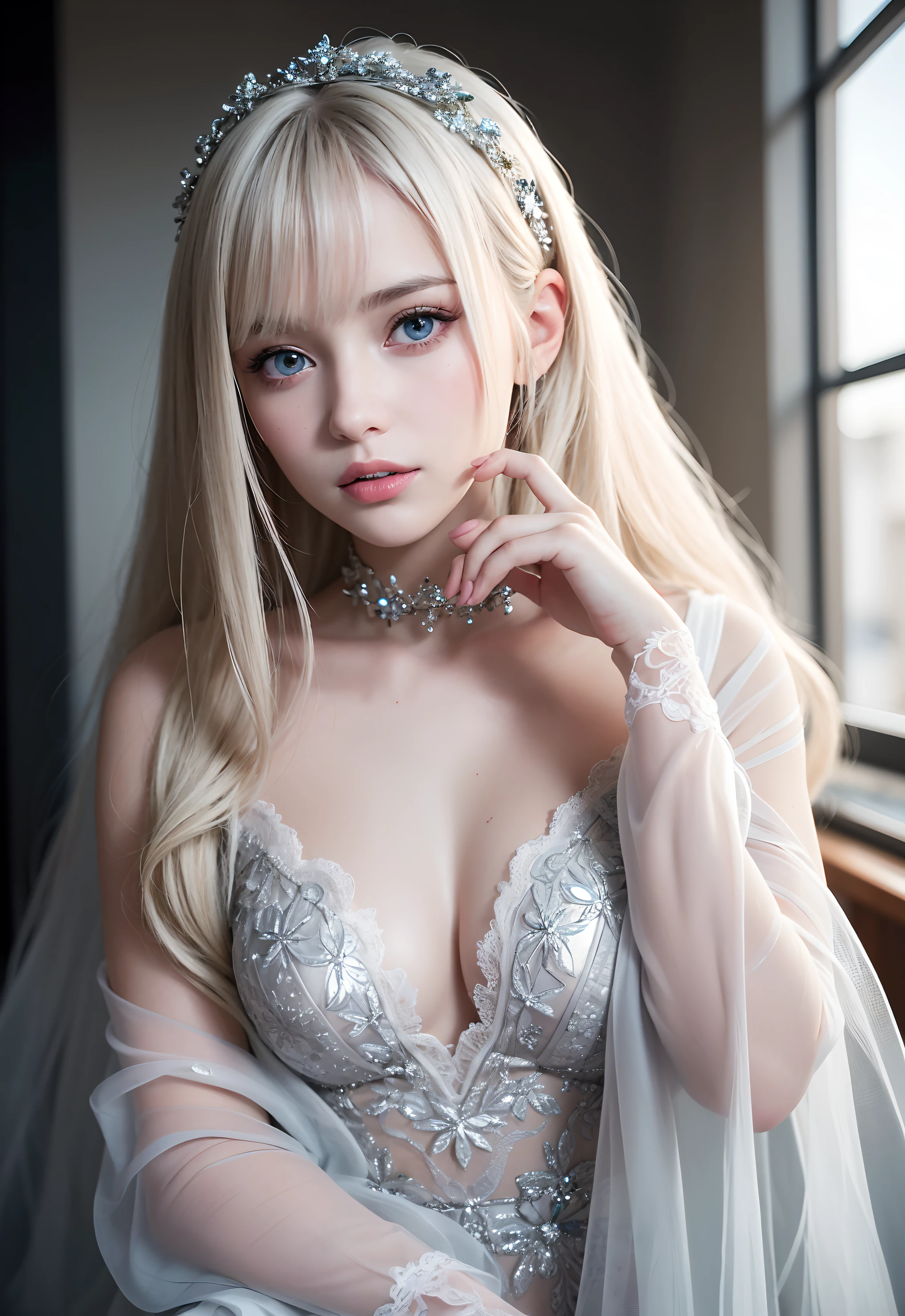 RAW photos, ((Portrait of extreme beauty))), (Radiant white beautiful skin)), 1 girl, -yeld pry beautiful girl in Prague, (shiny bright platinum blonde hair)), hair hanging in front of the face, [Attractive whitish light blue eyes], silky long hair, eyeliner, beautiful bangs, hair between the eyes, fluttering hair, smile, ((masterpiece, top quality, super detailed, Film light, intricate detail, high resolution, 8k, very detail)), detailed background, 8k uhd, dslr, soft light, high quality, film grain, fujifilm xt3, shallow depth of field, natural light, (perfect hands), perfect beautiful face, big chest