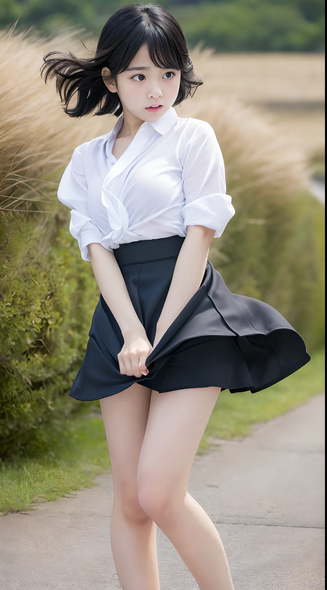 1womanl,Black hair,japanes ,((A slightly surprised look)),Beautiful breasts,校服,,,(Facing the front)(((embarassed expression)),(((The skirt is rolled up by the wind)))