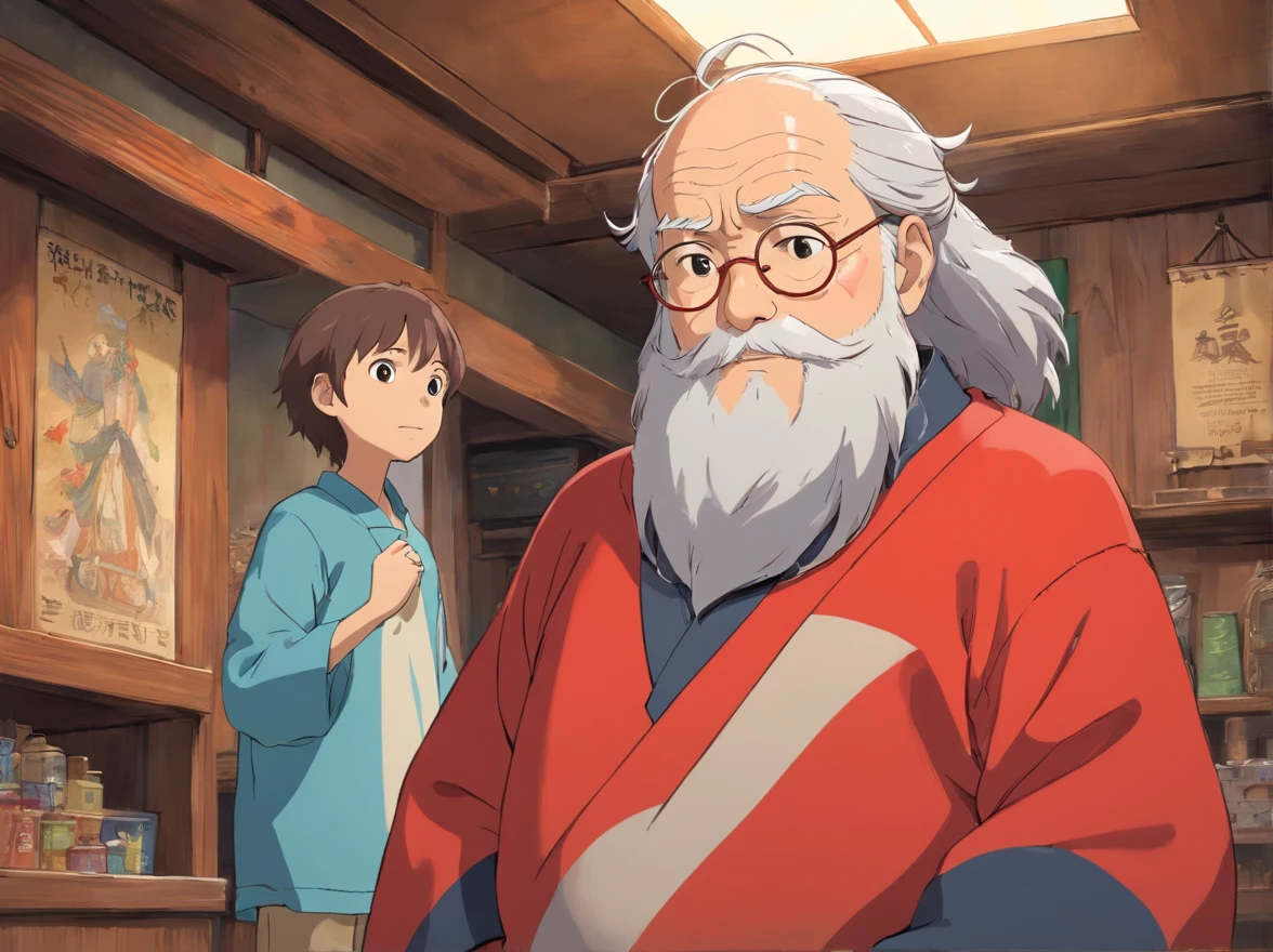 Indoors,The walls are covered with production flowcharts and tools。Indoors,The boy and the old man spoke face to face。(Boy image:Red clothes,Carry a bag,年轻)(Image of the old man:brown clothes,Thin and shriveled,Has a long beard,)