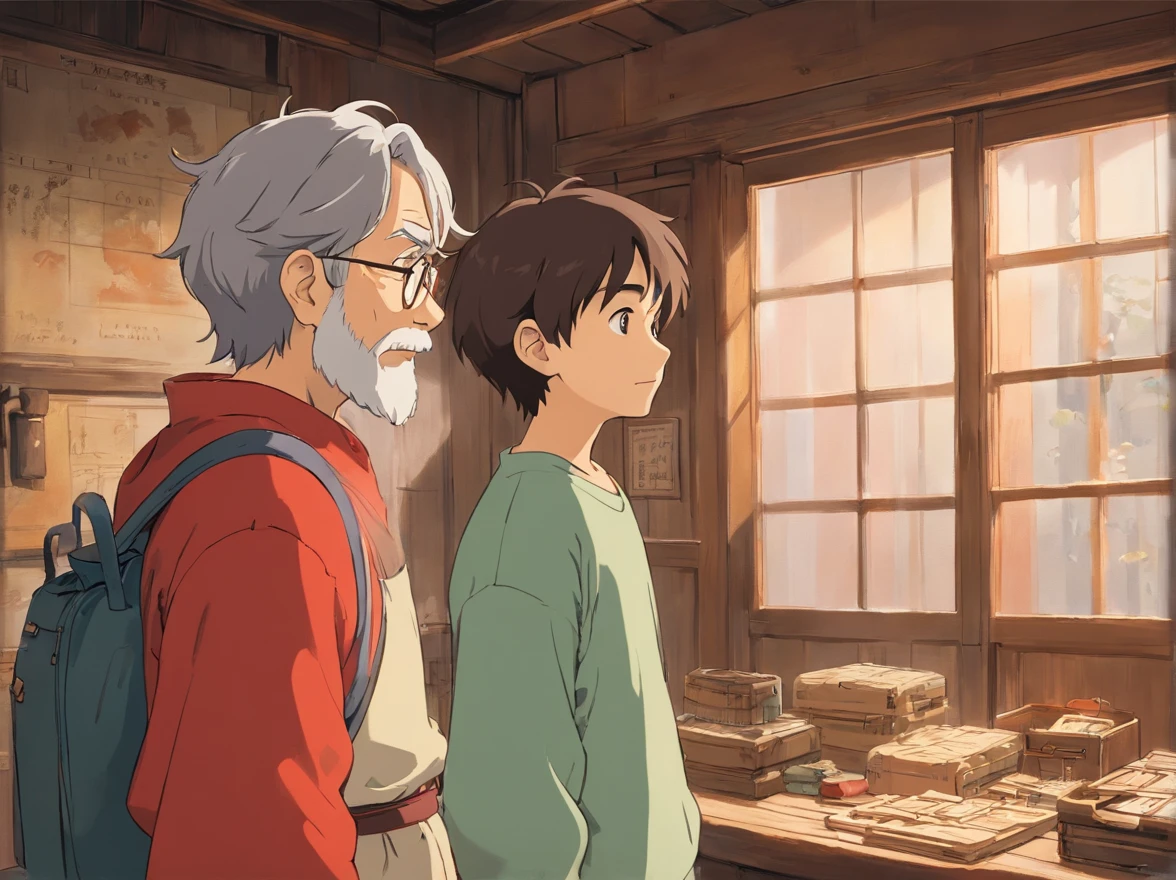 Indoors,The walls are covered with production flowcharts and tools。Indoors,The boy and the old man spoke face to face。(Boy image:Red clothes,Carry a bag,年轻)(Image of the old man:brown clothes,Thin and shriveled,Has a long beard,)