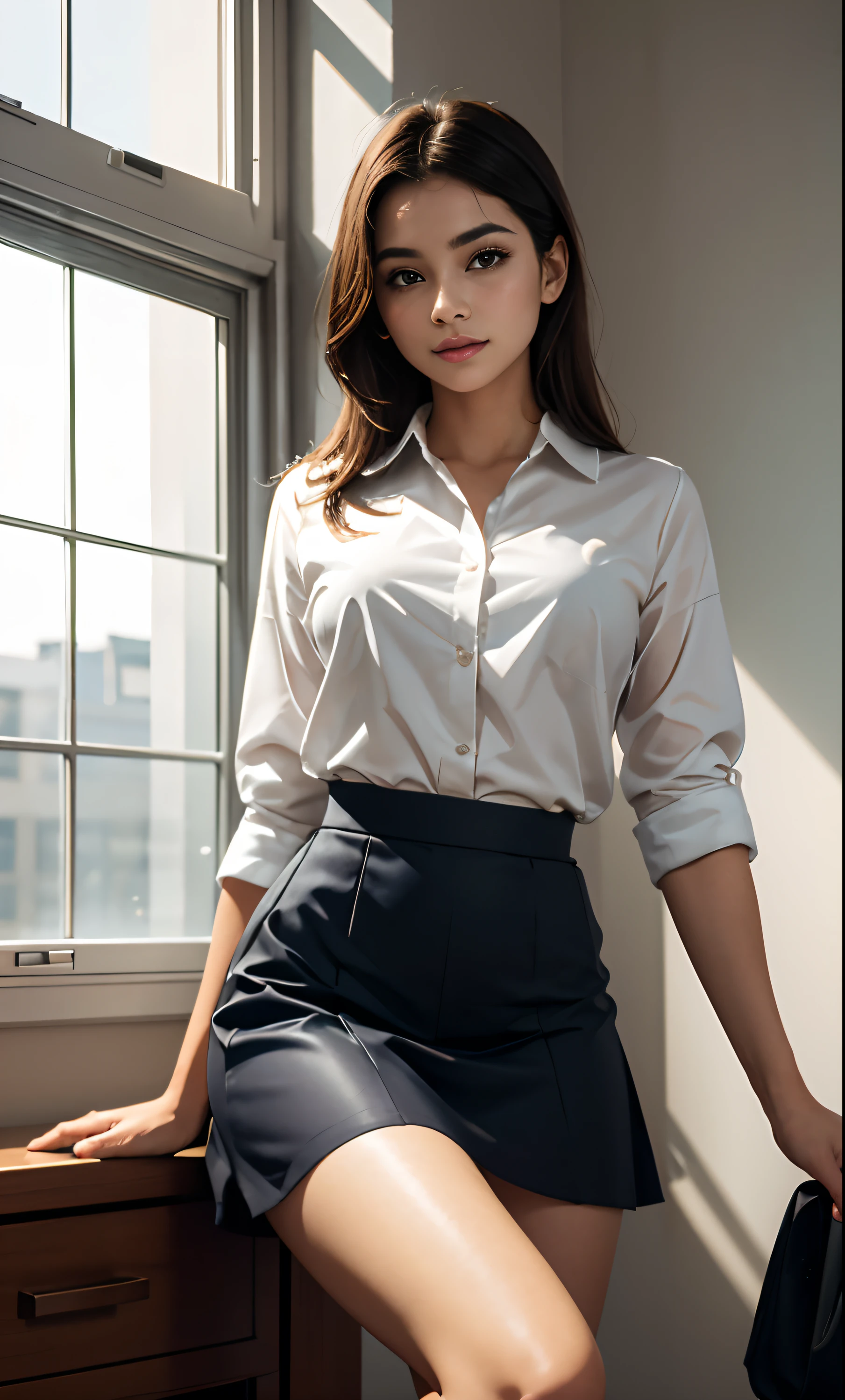 Highest quality, highest quality, masterpiece, solo, depth of field, delicate and moist skin girl, delicate and beautiful facial features, full-body lens, office work suit, suit skirt, very short skirt, perfect figure, random office equipment, exquisite CG, gorgeous highlight, crystal clear, sunlight through the window, beautiful, charming, shining, perfect, ultra-clear, 16k