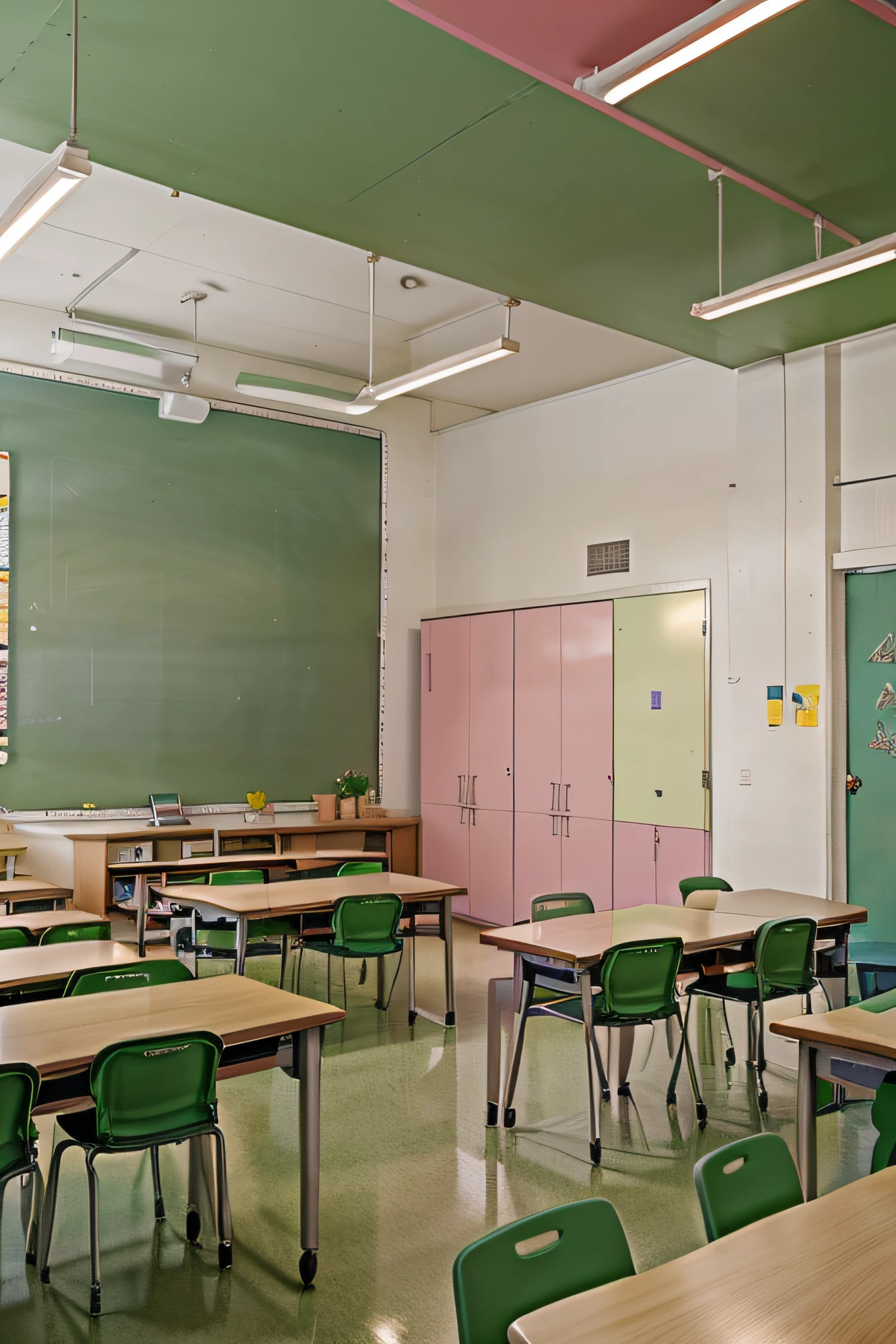 A classroom with cool, green, sunny color tones. The classroom includes many single pink desks, behind is a pink locker and a long small table in the middle with a chalkboard above.