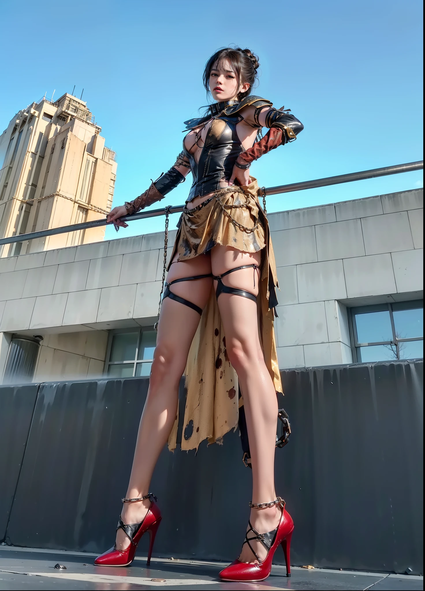 ,((Wearing a torn sheer costume of a superheroine)),(, No bra)), Wet crotch, Wet thighs, Beautiful girl with accentuated slender abs: 1.4, (((nipple tips protruding, areola is protruding, The shape of the pubic region is clearly visible)), sixpack abs: 1.4, Bust Botox, Photo, Sharpness, Unique 850 4, Koda850 k portrait camera, F1.6 shots, Ultra-realistic textures, Spectacular light textures, Cinestil 800 Fashion Mechanics, (futuristic sci-fi battle fashion: 1.1), (tied perfectly by chain), Restraint, Slaves, collars, ((wide prison with sunlight)), Dark fantasy, Realistic material details, extreme hight detail, Ultra-realistic materials ((Torn costume))), Wet, Cloudy, (Chained)), ((big emphasized by chains)), ((chains digging into crotch)), ( (Collar)), (, No bra), shredded costumes, broken golden shields and battle spears,, White combat gloves, Combat shoulder armor, Blood splattered on the face, Blood splattered, Realistic, (Bruises, Dirty, ripped clothing, skimpy clothing, Blood: 1.3),  Torn Cape, Torn pantyhose, Long legs, ((iron pipe in the crotch)), Metallic shackles and fetters, ((chains hung from heaven)), Wet crotch is clearly visible, Swarovski's sword and the anatomy beneath his feet, (futuristic sci-fi battle fashion, Torn mesh stockings),The camera looks up