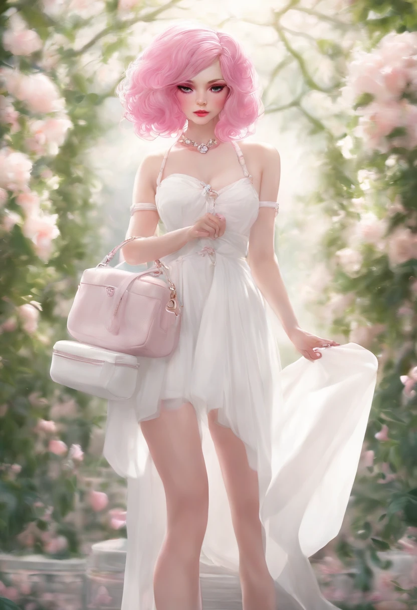 (Shy girl with pink hair and pink eyes, wearing a white dress, Holding a white bag in his hands)