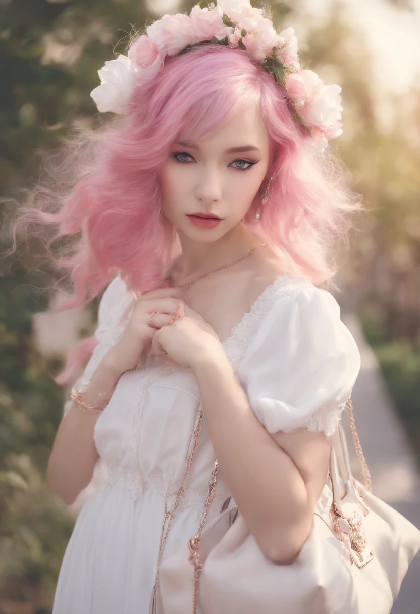 (Shy girl with pink hair and pink eyes, wearing a white dress, Holding a white bag in his hands)