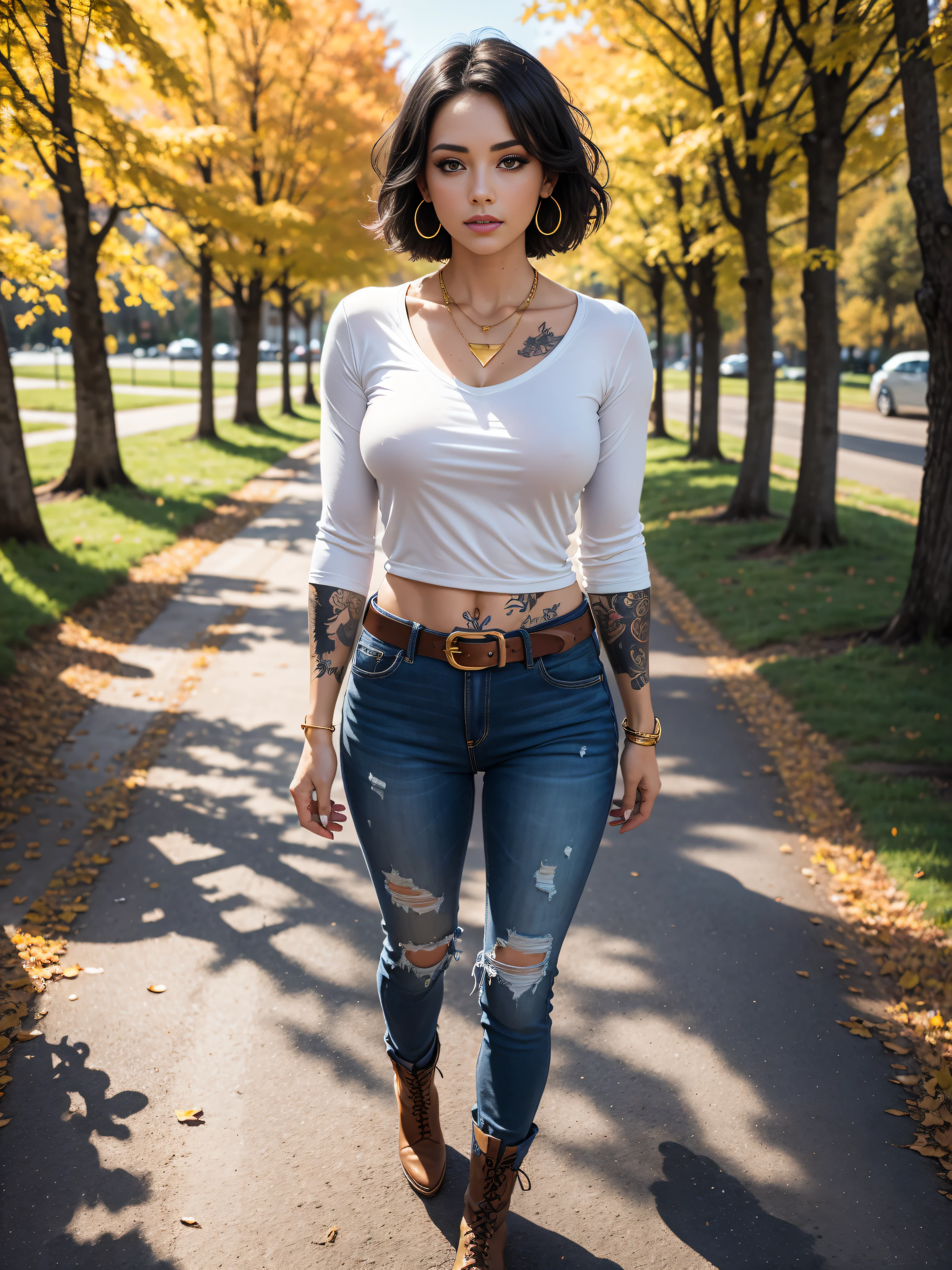 beautiful young woman, full body perspective, american face, slight smirk, hazel eyes, smoky eye shadow, freckles, beautiful detailed lips, burgundy lipstick, short hair, dark black hair, straight hair, medium breasts, flawless skin, shining skin, full sleeve arm tattoo of western dragons, fit physique, white tshirt, short sleeve leather jacket, urban wear, ripped blue jeans, black leather belt, black ankle boots, confident pose, wearing golden necklace with ring charm, wearing gold hoop earrings, wooded background with autumn leaves, dirt path, red trees, orange trees, yellow trees, sun shining through trees, godrays, highlights, glowing lights, bright reflections, shimmering light reflections, , looking down at viewer, viewer looking up, viewed from below, perspective