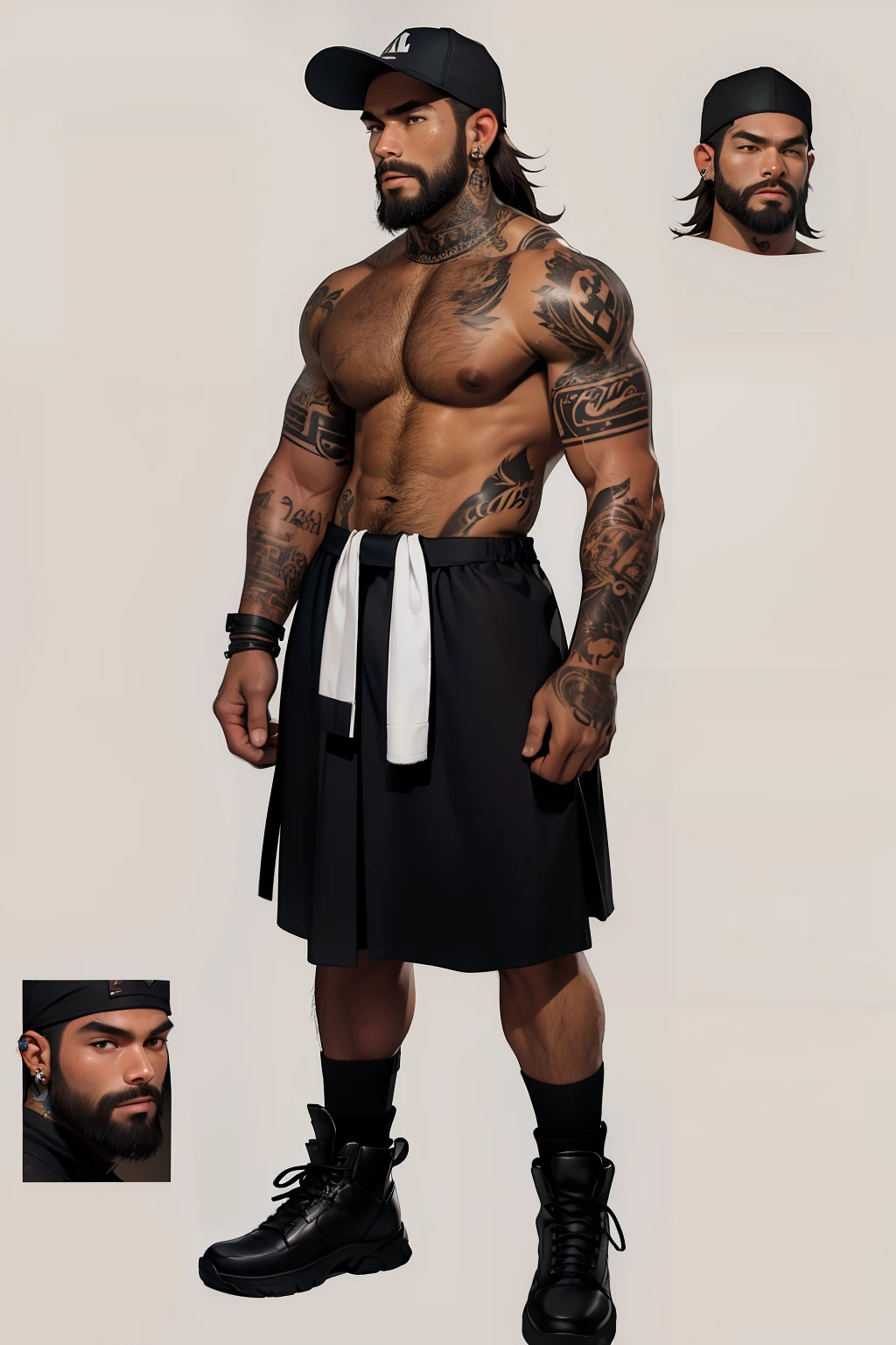character sheet, filipino male, brown curly hair, standing, beard, slim build, baseball cap, socks, white socks, butcher clothing, mullet, full body tattoos, boots, blackout tattoos, earrings, long fur drape