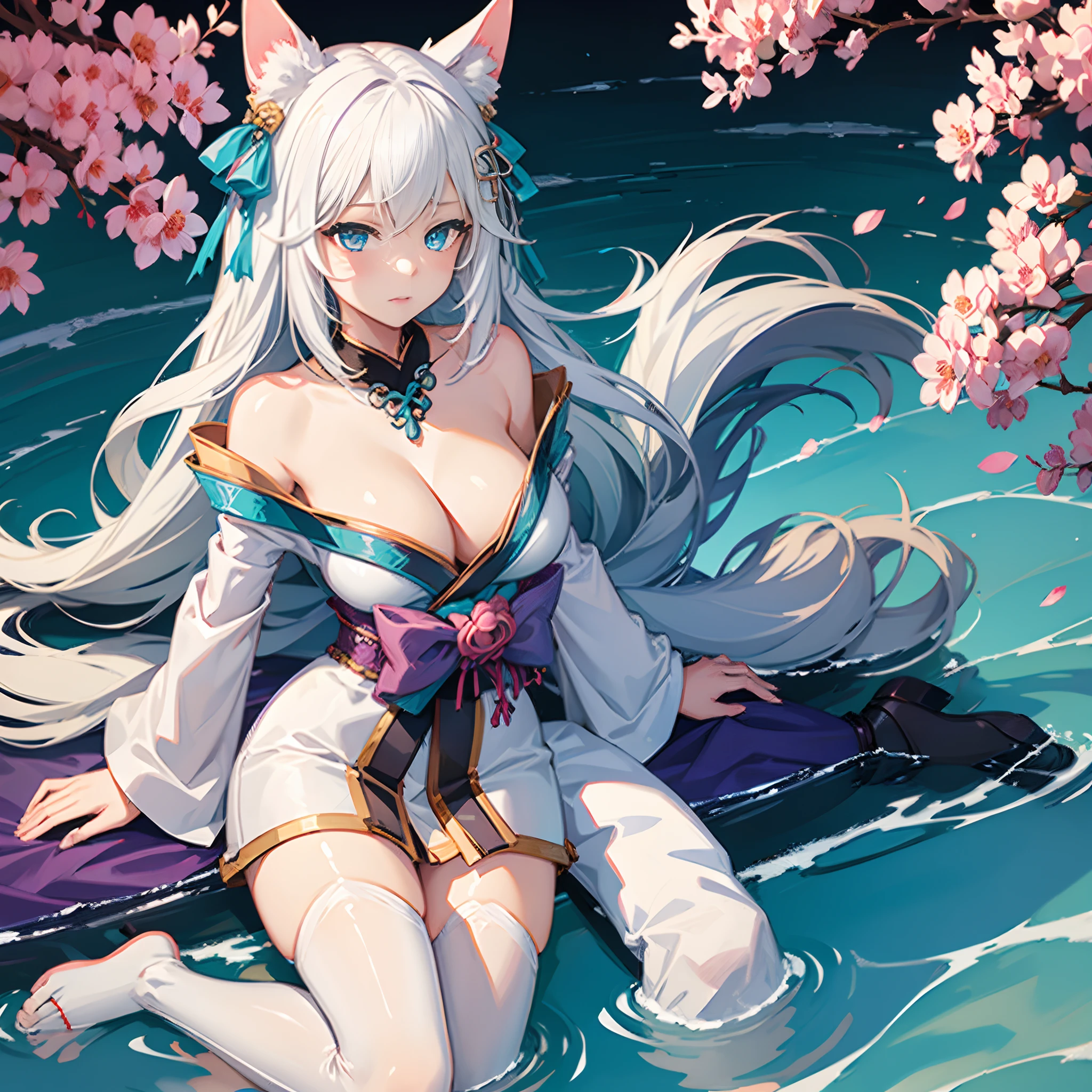 1 girl, solo, Tobiichi+Ahri, fox ears, white hair with pink tips, very large breasts, fox tails, blush, surprised look, red loose kimono, purple eyes, heterochromia