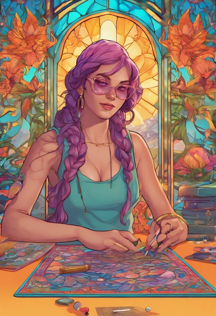 (a girl working on)intricate illustrations, (using)stained glass as a medium, (creating)delicate and vibrant colors, (showcasing)impeccable attention to detail, (with)beautifully flowing lines and shapes, (infused)with a touch of fantasy, (capturing)the essence of vitromorphosis, (in a)dreamlike setting, (illuminated)by gentle sunlight, (with)subtle reflections and refractions, (resulting in)a mesmerizing masterpiece. (best quality, highres), (ultra-detailed, realistic), (vivid colors), (fine art, portraits), (soft pastel tones), (studio lighting)