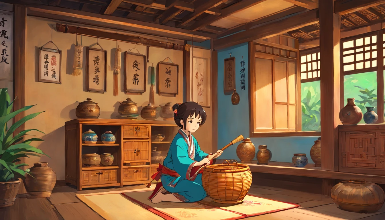 In this scene, Zhuang costumes and bamboo baskets are important elements,So highlight these elements in prompt。Here's an example of a suitable prompt:
"A boy wearing traditional Yao ethnic clothing plays with tools in a room, (brightly lit,well-lit:1.1),with rustic wooden furniture. The boy's attire is (vibrant, colorful:1.1) with a (predominant, dazzling) shade of blue. He holds a (handcrafted, traditional) bamboo basket filled with various tools. The room is filled with (soft, warm) natural light, giving it a cozy ambiance. The furniture showcases (intricate, detailed) craftsmanship, adding to the overall aesthetic. The scene is captured in a style reminiscent of (traditional Yao art, ethnic paintings) with an emphasis on (fine lines and patterns, vivid color contrasts)."
This prompt combines the Zhuang costumes in the theme、Bamboo basket、Elements such as the house,An appropriate art style was used,And describe the physical characteristics of the characters、Ambient details and lighting effects。