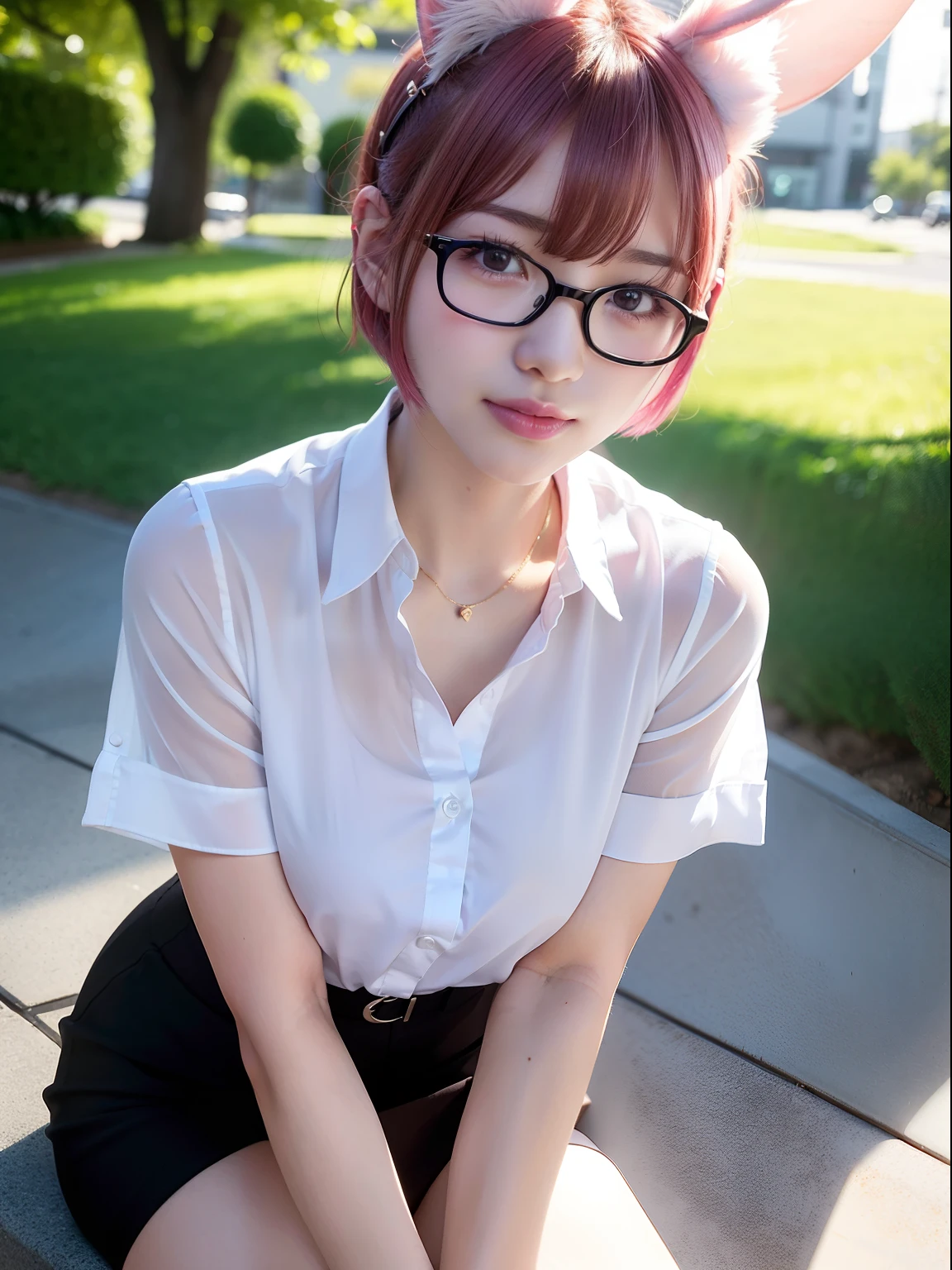 Pink short cut hair、cleavage of the breast、a park、Sit on a park bench、Wearing glasses、put on glasses、(8K, top-quality, masterpiece:1.2), (realisitic, Photorealsitic:1.37), ultra-detailliert, 1 girl in, full body Esbian,, (Adjusted hair:1.5) Officelady, Black Office Blazer, black office skirt,white shirt, (panthyhose: 1.2)、(Short button-down shirt:1.2)、Button Up Color Prim、Button Down Color Prim、bura、(panthyhose:1.2)、Alpha Layer、high-heels、cute little、独奏、Beautiful detailed sky、(A smile:1.15)、(Mouth closed)、tiny chest、Eyes in Beautiful Details、Business attire、(short-hair:1.2)、Floating Hair NovaFrogStyle、Hotel Bed、masuter piece、Pink Shortcut Bob、Realistic rabbit ears、Pink realistic rabbit ears、Realistic ears of rabbits sticking out of the head、Pink hair、Beautiful girl in her 20s、Bewitching atmosphere、Beautiful shaped hands、K-POP、Pink rabbit ears、1 girl in、独奏、masterpiece、top-quality、realisitic、Hyper-detailing、(Glossy skin:1.4)、absurderes、short pink hair、Slender beauties、动态照明、hight resolution、foco nítido、depth of fields、(thick thight:1.0)、A slender :1.2,((Short-cut bob hair))、((k pop:1.3)),Highly detailed facial and skin texture、((魅惑的)),Anatomically correct number of fingers,Correct anatomy