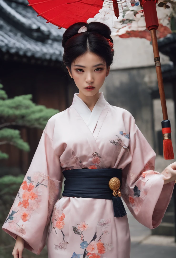 Uma jovem mulher vestida com roupas tradicionais japonesas, cabelos longos e pretos, scenery reminiscent of Kyoto in 1900 on the streets of a Japanese city