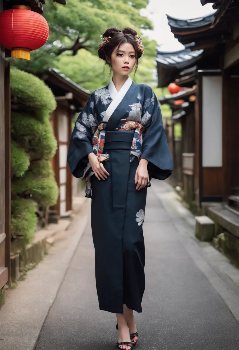 Uma jovem mulher vestida com roupas tradicionais japonesas, cabelos longos e pretos, scenery reminiscent of Kyoto in 1900 on the streets of a Japanese city