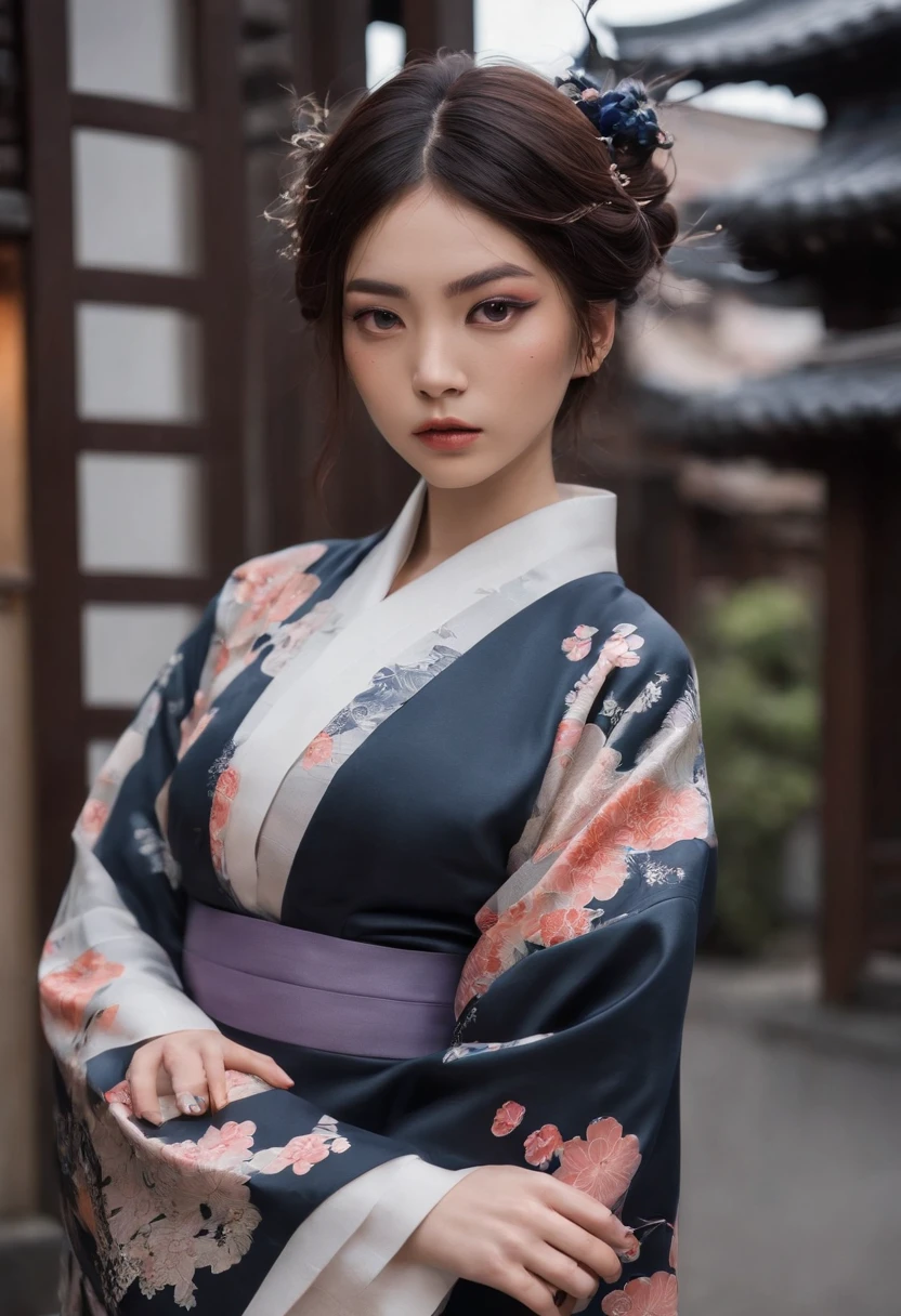 Uma jovem mulher vestida com roupas tradicionais japonesas, cabelos longos e pretos, scenery reminiscent of Kyoto in 1900 on the streets of a Japanese city