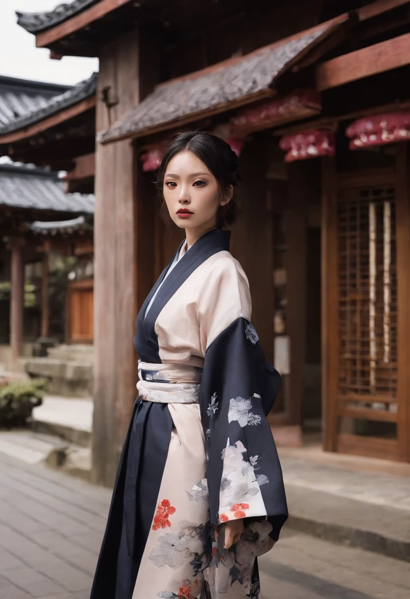 Uma jovem mulher vestida com roupas tradicionais japonesas, cabelos longos e pretos, scenery reminiscent of Kyoto in 1900 on the streets of a Japanese city