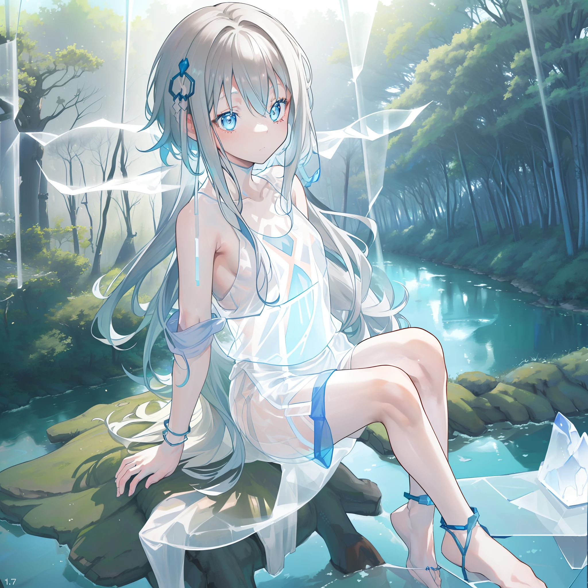 (((A close up: 1.8))) of anime girl, (((((sitting down next to a river in a forest)))))), (mostly naked), ((barefoot)), (cinematic light), skin is perfectly white, soft, and smooth, ((no nsfw)), Extremely delicate and beautiful CG illustration, small thigh, slim body, best quality, high resolution, dynamic angle, full-length lens, (((1 girl))), (detailed eyes), soft light, high-key lighting), glowing light, ((blue glowing ring around her ankle)), (((wearing (only) a white (transparent) tank top))), ((((mist: 1.7))))