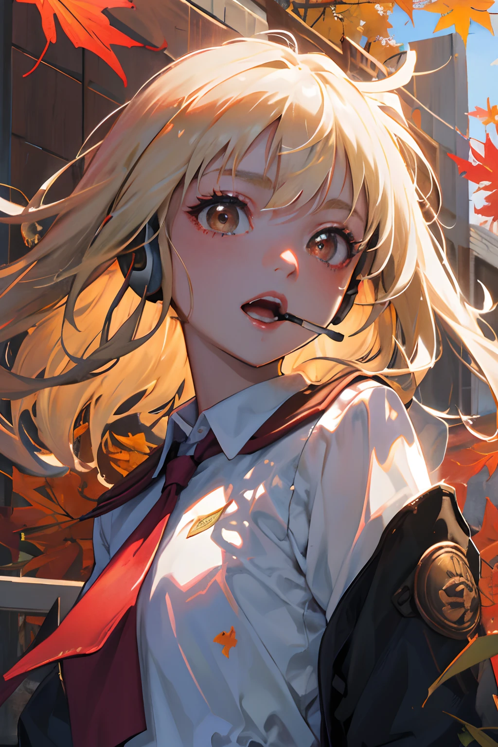Official Art, Unity 8k Wallpapers, ultra-detailliert, Beautifully Aesthetic, ​masterpiece, top-quality, realisitic, a closeup, Skindentation, Soouryuu Asuka Langley, Interface headset, bodysuit under clothes, A detailed eye, A detailed face, Detailed hair, black backgrounds, straight-on, looking at the viewers, The sheen, Anime, looking at viewer with a cigarette in her mouth, highly detailed with reflections transparent iridescent opaque jacket, Long transparent iridescent RGB hair, 1girl in, Solo, fronds, School uniform, serafuku, Long hair, red neckerchief, Blurry, Sailor collar, neckerchief, Blonde hair, Shirt, Autumn leaves, Parted lips, Outdoors, Floating hair, Long sleeves, White shirt, Bangs, Upper body, red necktie, Open mouth, neck tie, tusk, Brown eyes, Wind, Autumn, Maple leaf, Falling leaves, Blurry background, day, ginkgo leaf, depth of fields, bug,