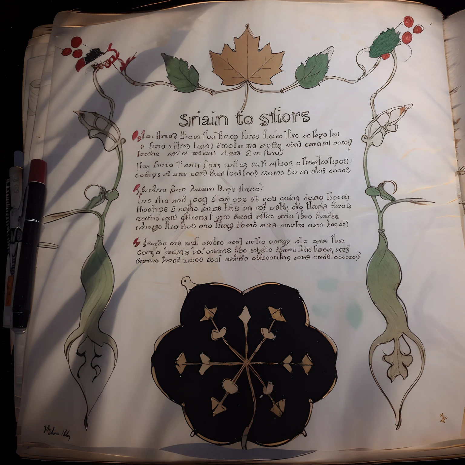 Full page sketched infographic Manuscript about how to make maple syrup using necromancy in the style of H.P Lovecraft, horror, detailed instructions about Canadian gods and monsters, Eldritch Canadian maple syrup god