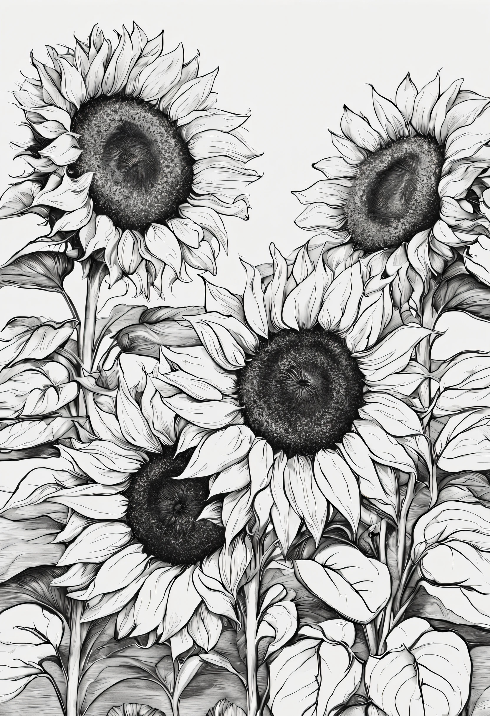 A large piece of sunflowers in black and white line drawings 8K HD hand-drawn