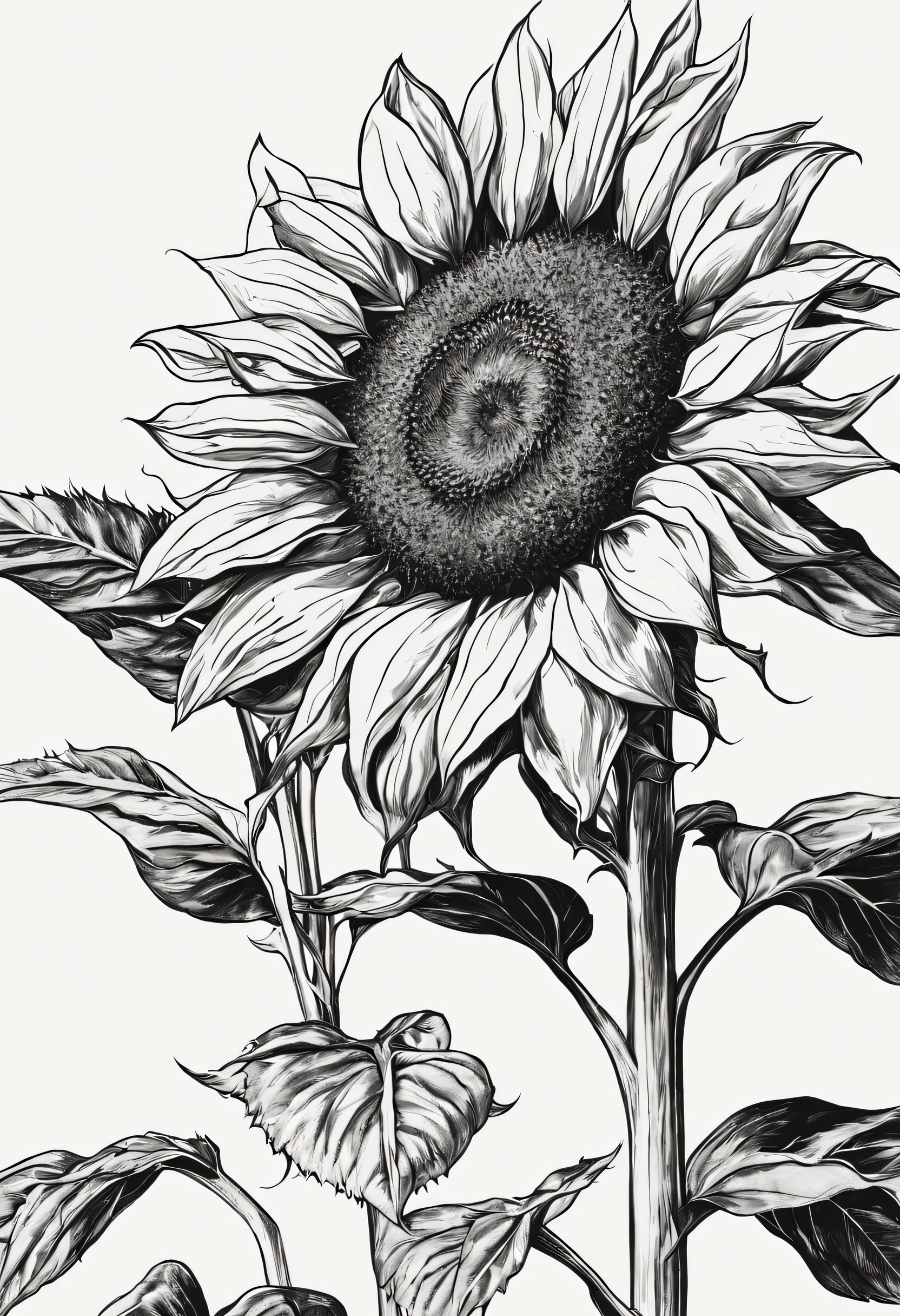 A large piece of sunflowers in black and white line drawings 8K HD hand-drawn