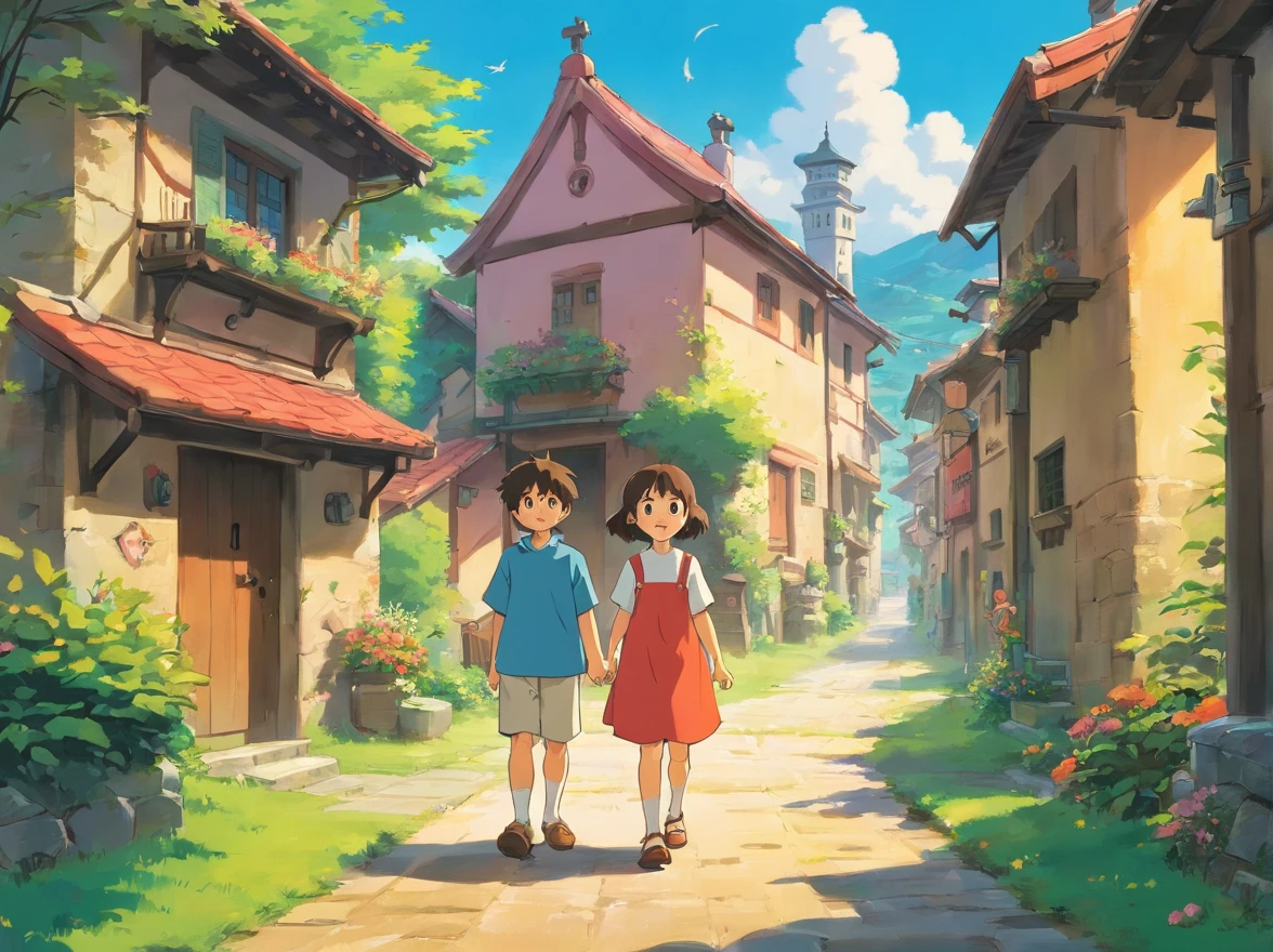 Little boy and little girl standing in the middle of the village,Looking forward to a bright future,Feel the atmosphere of happiness and reunion。