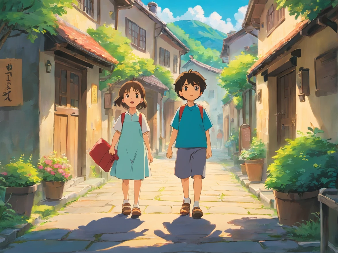 Little boy and little girl standing in the middle of the village，Looking forward to a bright future，Feel the atmosphere of happiness and reunion。