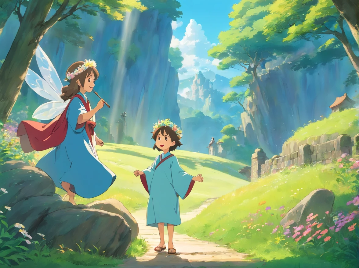 Wear beautiful robes,Wearing a flower crown on his head,With a smile on his face。The standing fairy with a magic wand in her hand was affectionate with the little boy、Little girl talking。They were standing on a huge boulder,The fairy asked about the children's wishes。The little boy plucked up his courage,He expressed his wish that the children in the village would receive a better education。The fairy smiled and nodded,It seems to agree with their wishes。