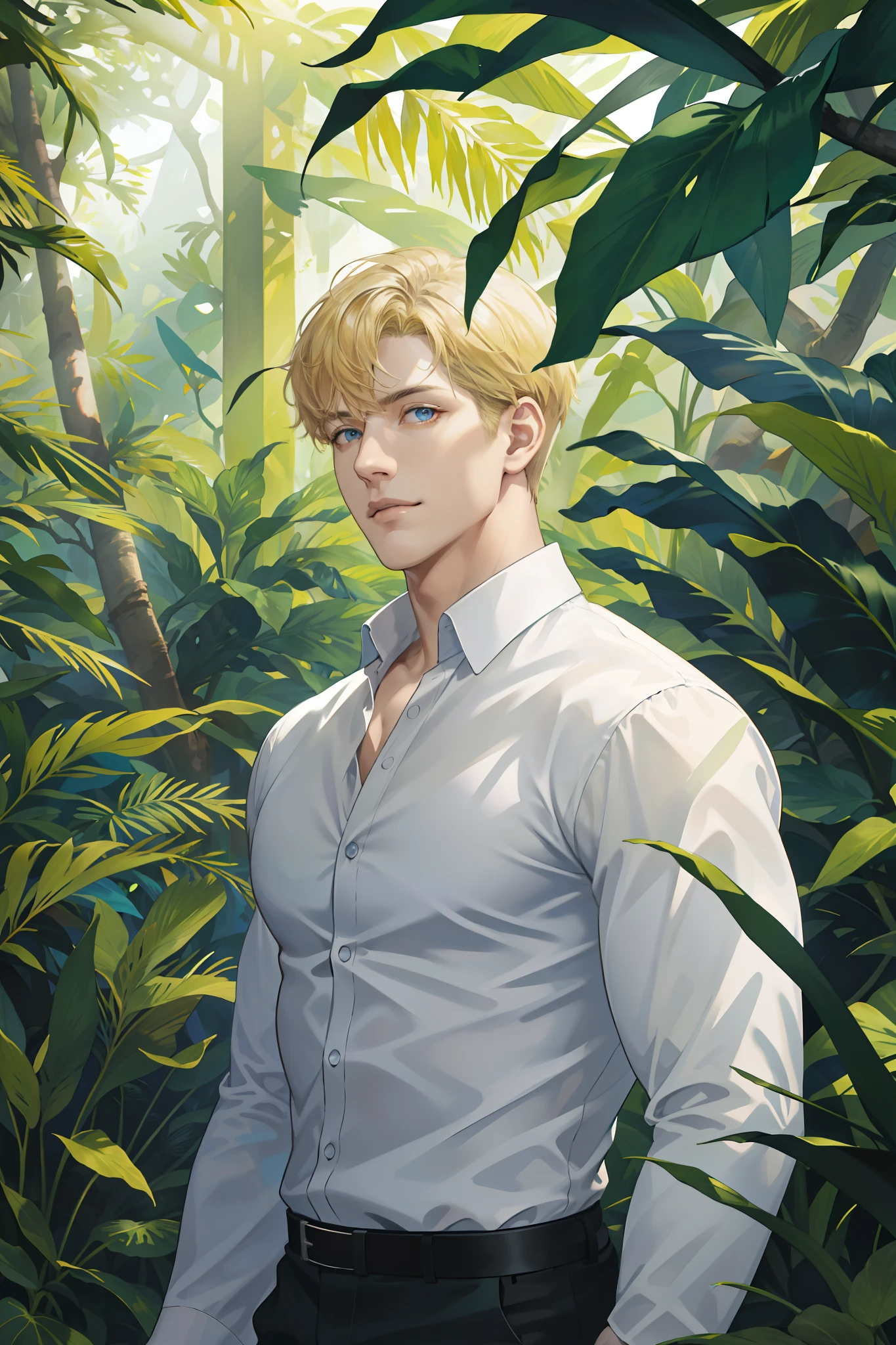 realistic, (absurdres, highres, ultra detailed), 1 male, solo, mature, tall muscular guy, broad shoulders, handsome, angular jaw, thick neck, BREAK, looking at viewer, short blonde hair, blue eyes, long sleeves, forest, trees full of greenery, fluttering leaves, natural light and shadow, Jungle exploration, lots of plants, depth of field, upper body, frontal