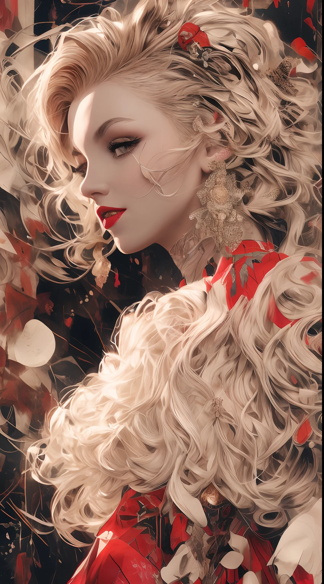 Side profile,masterpiece, top quality, 8K, real person, realistic, very dense CG, shiny skin, fully focused, radiant, Marylin Monroe seductive look,red lips,bold and majestic look,, wearing a loose top, stylish design, mesmerizing look,bold and majestic look, Background England, beautiful and elegant lady