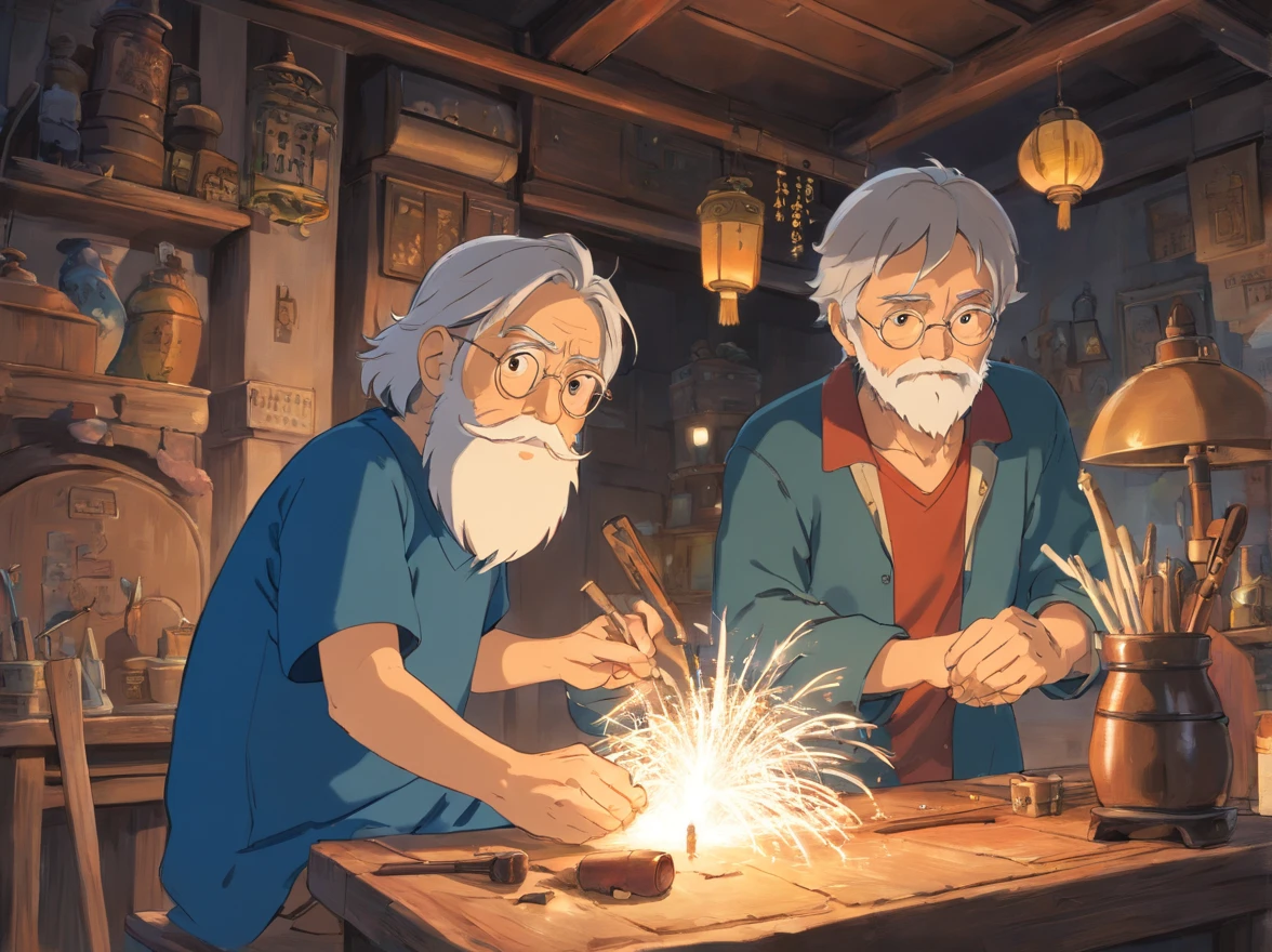 Indoors，The walls are covered with production flowcharts and tools。The old man and the boy sat together，Make fireworks（Boy image：blue clothes，Carry a bag，年轻）（Image of the old man：brown clothes，Thin and shriveled，Has a long beard）