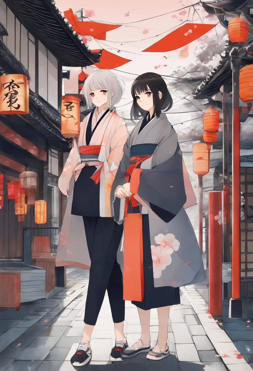 Uma jovem mulher vestida com roupas tradicionais japonesas, cabelos longos e pretos, scenery reminiscent of Kyoto in 1900 on the streets of a Japanese city