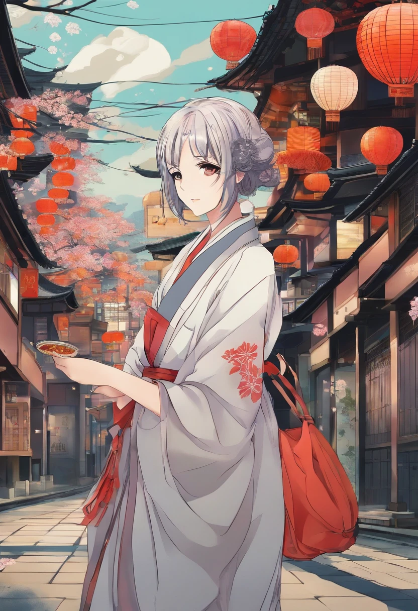 Uma jovem mulher vestida com roupas tradicionais japonesas, cabelos longos e pretos, scenery reminiscent of Kyoto in 1900 on the streets of a Japanese city