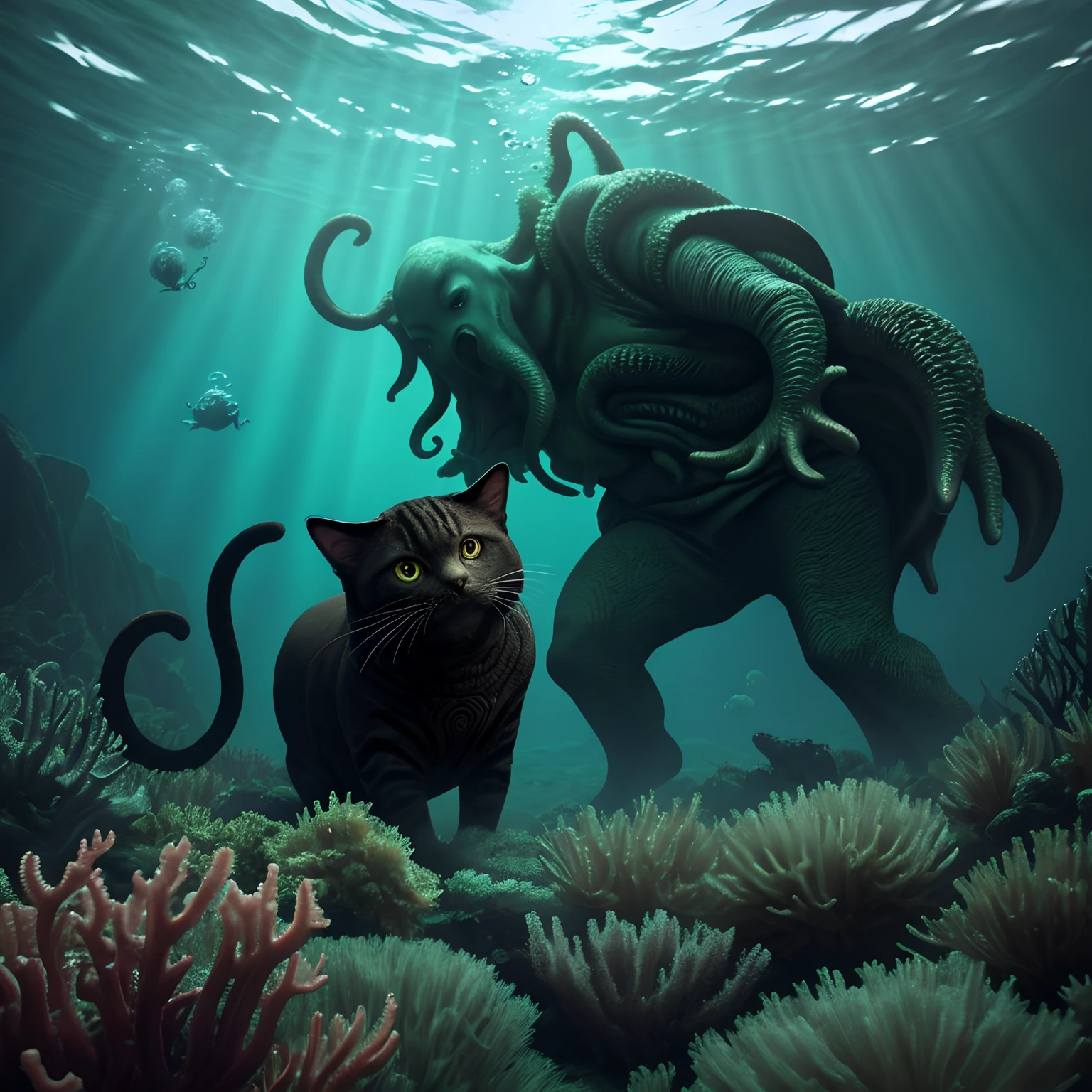 Cthulhu with a cat underwater