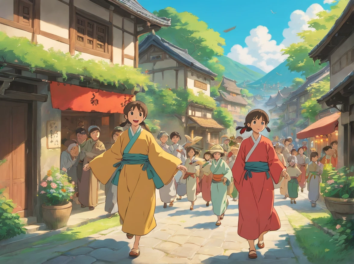 Depicts a village scene full of joy and lively atmosphere,The villagers wear Zhuang costumes