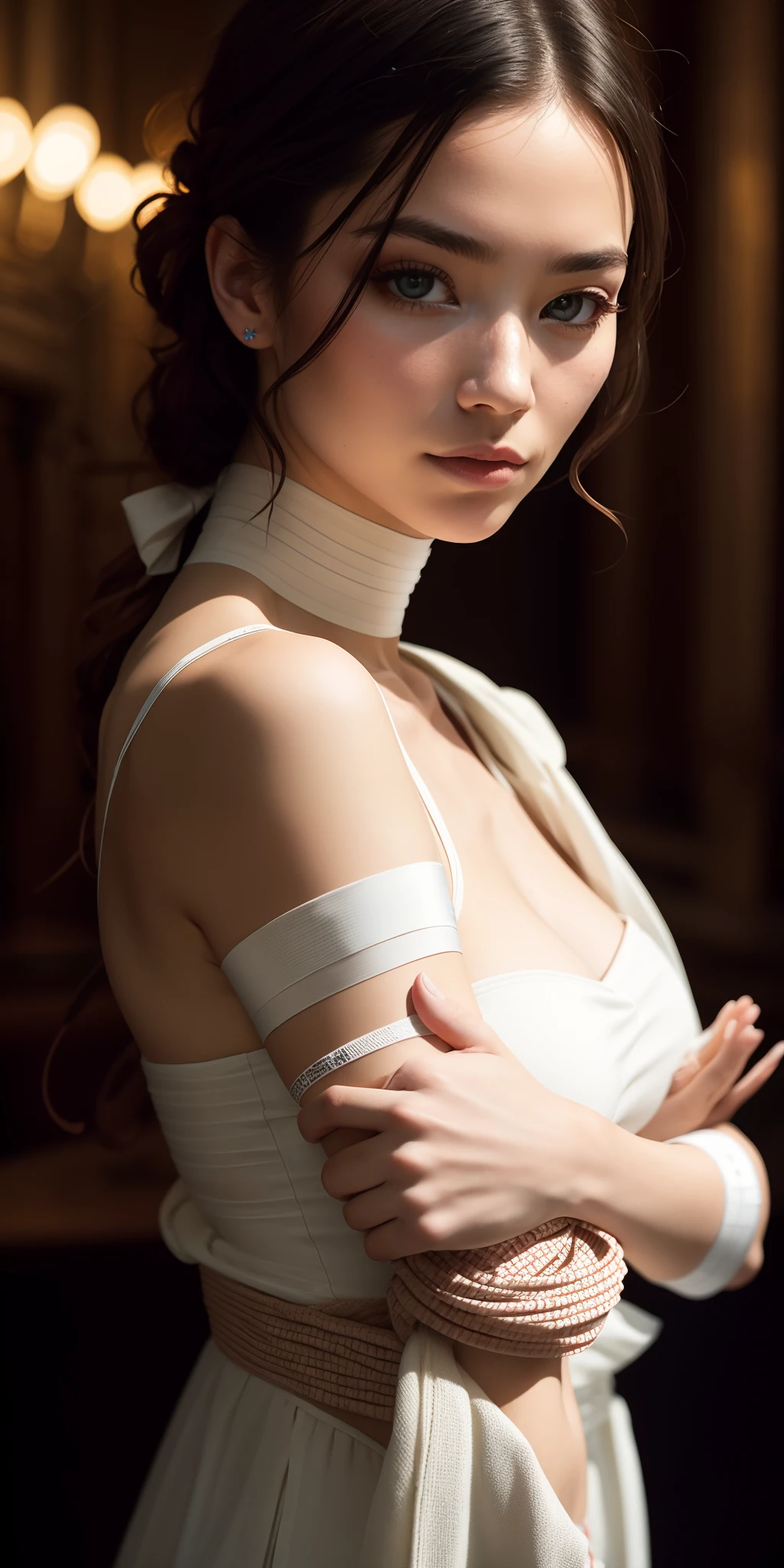 (8k, Best quality, Masterpiece:1.2), Ultra-detailed, Masterpiece, realistic lighting,Masterpiece, Best quality, Masterpiece, Art officiel,extremely detailed CG unity 8k wallpaper,beautiful detailed eyes, light on the face, 1fille, Asuka,Haut du corps, poitrine, pilote_complet, Plugcomplet, rouge_veste, coupe-vent, Gants, bandage, cheveux_ornement, Bracer,