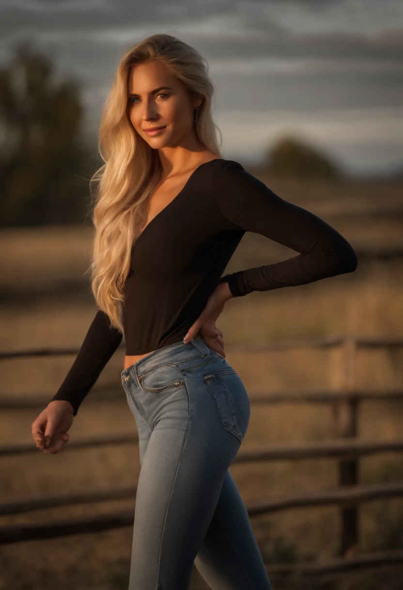 beautiful platinum blonde girl wearing tight skinny clothes (walking at a ranch at sunset), very detailed, 21 years old, innocent face, natural wavy hair, blue eyes, high resolution, masterpiece, best quality, intricate details, highly detailed, sharp focus, detailed skin, realistic skin texture, texture, detailed eyes, professional, 4k, charming smile, shot on Canon, 85mm, shallow depth of field,  kodak vision color, perfect fit body, extremely detailed, foto_\(ultra\), photorealistic, realistic, post-processing, maximum detail, roughness, real life, ultra realistic, photorealism, photography, 8k uhd, photography, uses my dataset as the face