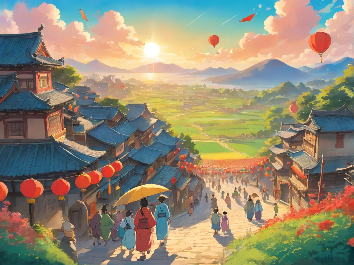 The third of March of the Zhuang people，The sun rises in the morning，Sunlight falls on the vast fields。Colorful flags flutter in the village，lots of people，The whole village is immersed in a festive atmosphere。People wear traditional Zhuang costumes，Roads crowded with villages，Welcome to this long-awaited celebration。