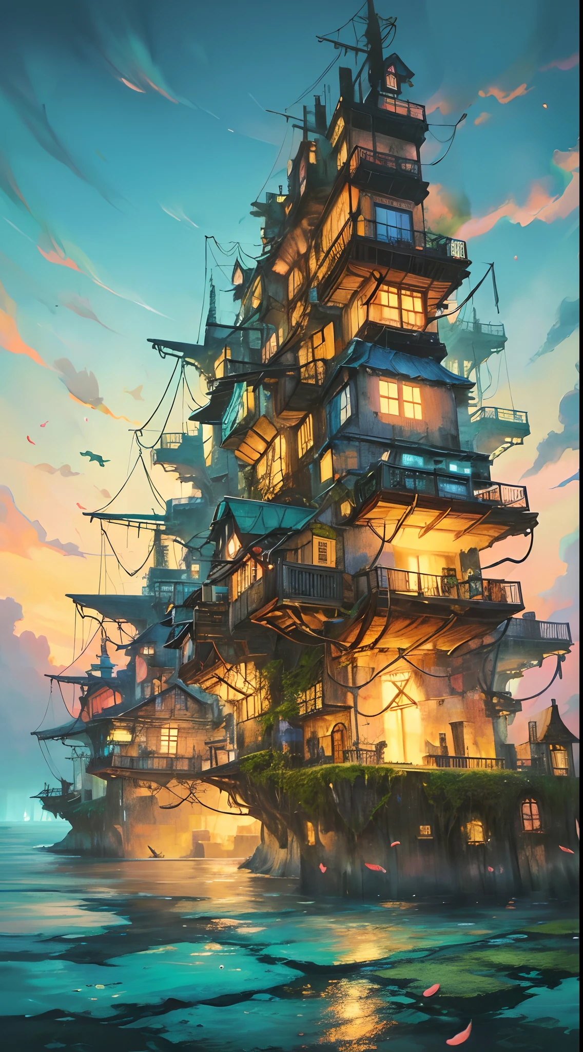 Colors (Fantasy: 1.2), (Miyazaki Hayao Style), (Irregular Buildings Floating Under the Sea), Patchwork Houses, Moss Decoration, Coral, Lights, Concept Art Inspired by Andreas Rocha, Artstation Competition Winner, Fantasy Art, (Cyberpunk Underwater City), Rosteland, Optical Axis, Realistic Lighting, Masterpiece, High Quality, Beautiful Graphics, High Detail, Masterpiece, High Quality, Beautiful Graphics, High Detail, 8k, Surrealism --v6