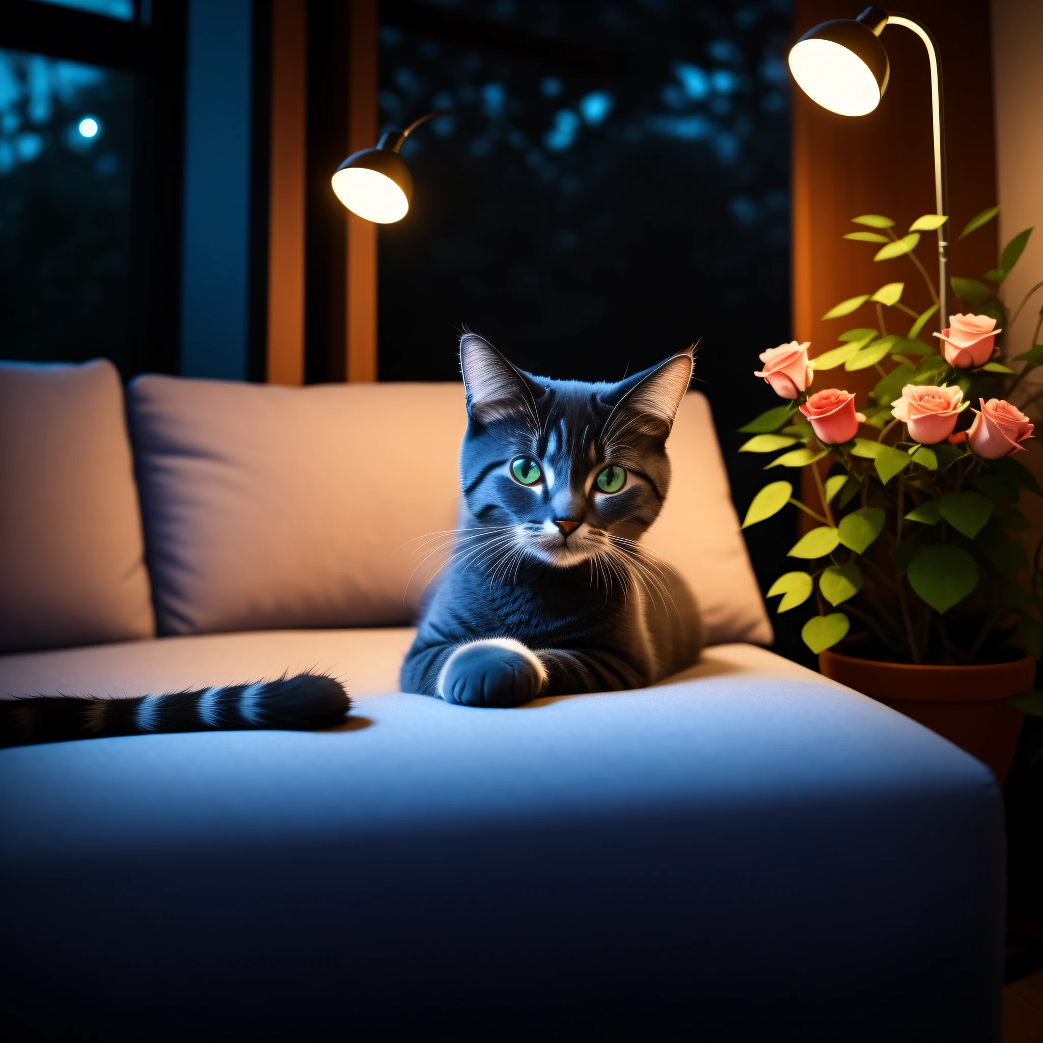 There was a cat lying on the sofa, Thoughtful ), Thoughtful, relaxing mood, cats and plants, comfortable atmosphere, Cozy atmosphere, sitting with flowers, cosy atmoshpere, cozy environment, cat on the table, cat photography, relaxing atmosphere, Shot on Canon EOS R 6, laying on roses, photo of a cat, cozy environment, in the night time,8K,Cute cat,nighttime scene,There are desk lamps,Cute cat cat,Moe expression,Blue Cat