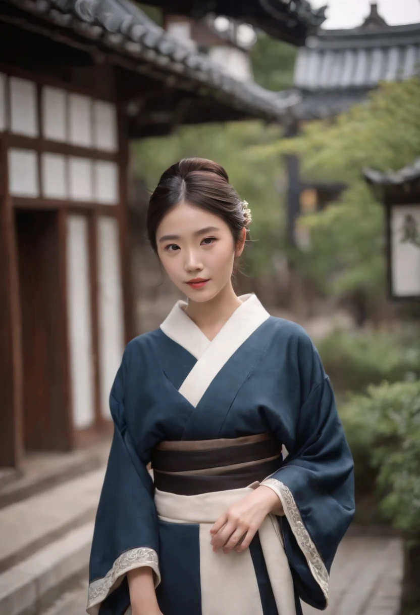 Uma jovem mulher vestida com roupas tradicionais japonesas, cabelos longos e pretos, scenery reminiscent of Kyoto in 1900 on the streets of a Japanese city